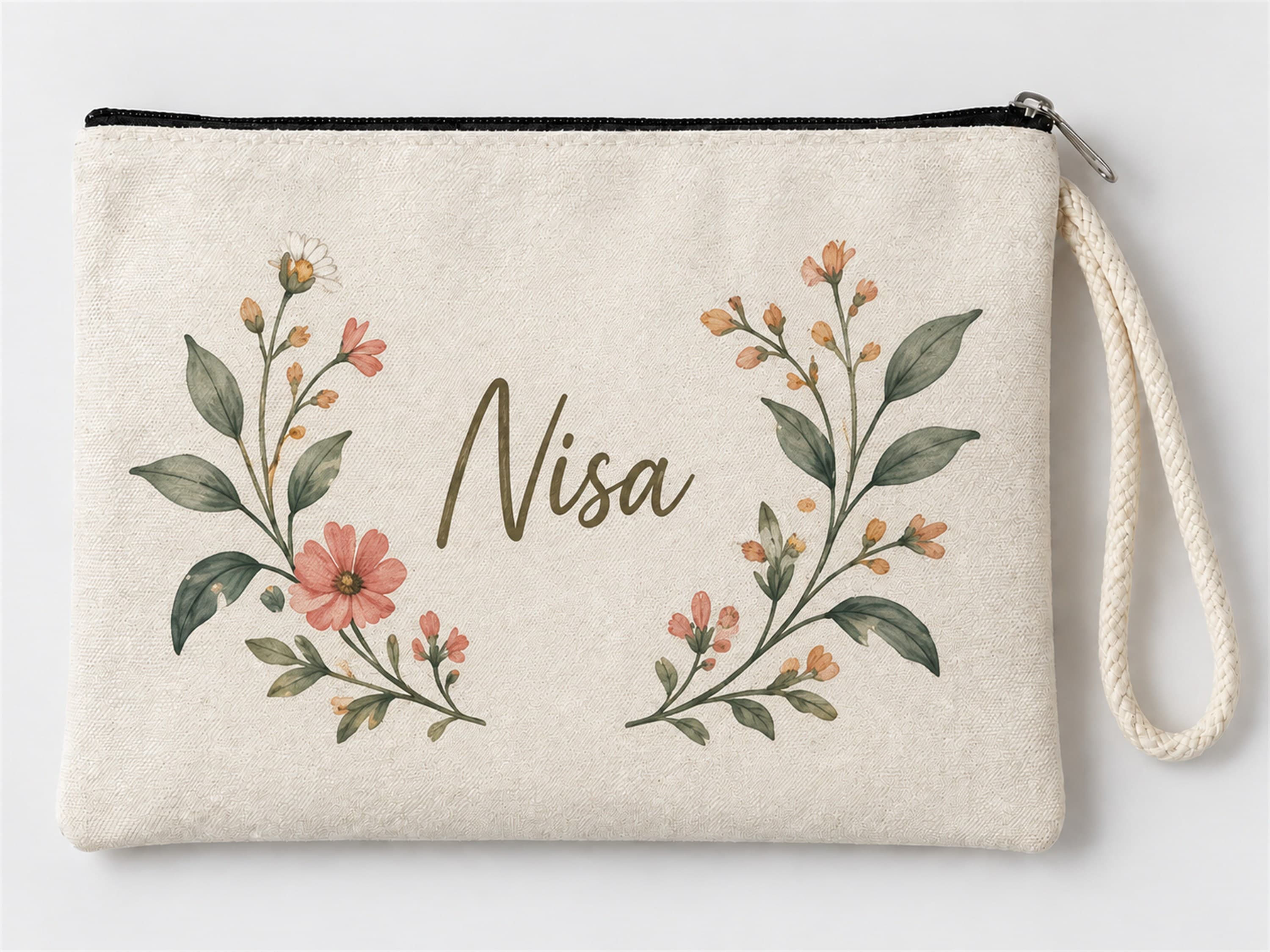Kişiye Özel Çiçek Çelengi Baskılı Fermuarlı Makyaj Çantası Bozuk Para Cüzdanı Clutch Model 01294