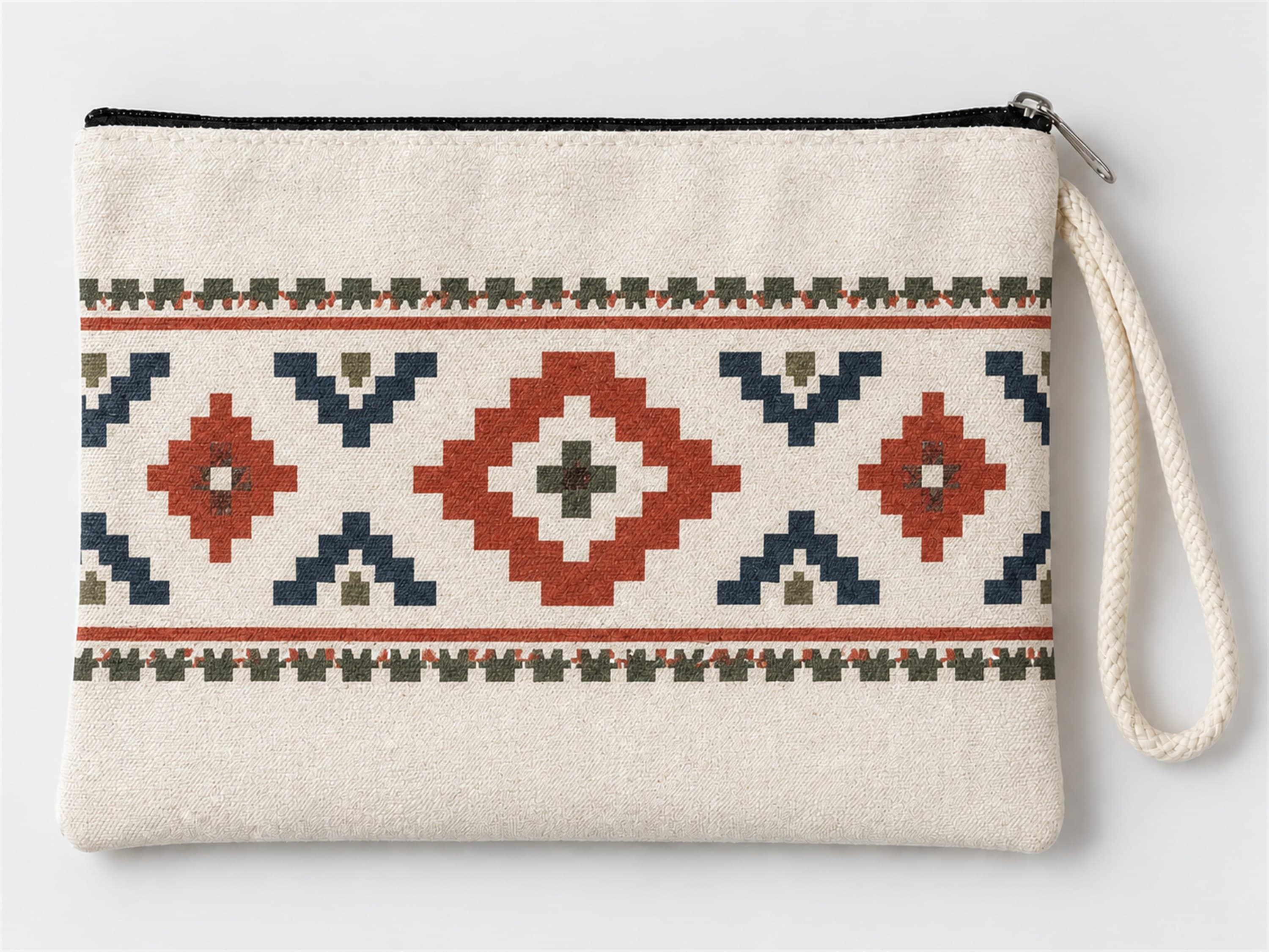 Anadolu Kilim Motifi Baskılı Fermuarlı Makyaj Çantası Bozuk Para Cüzdanı Clutch