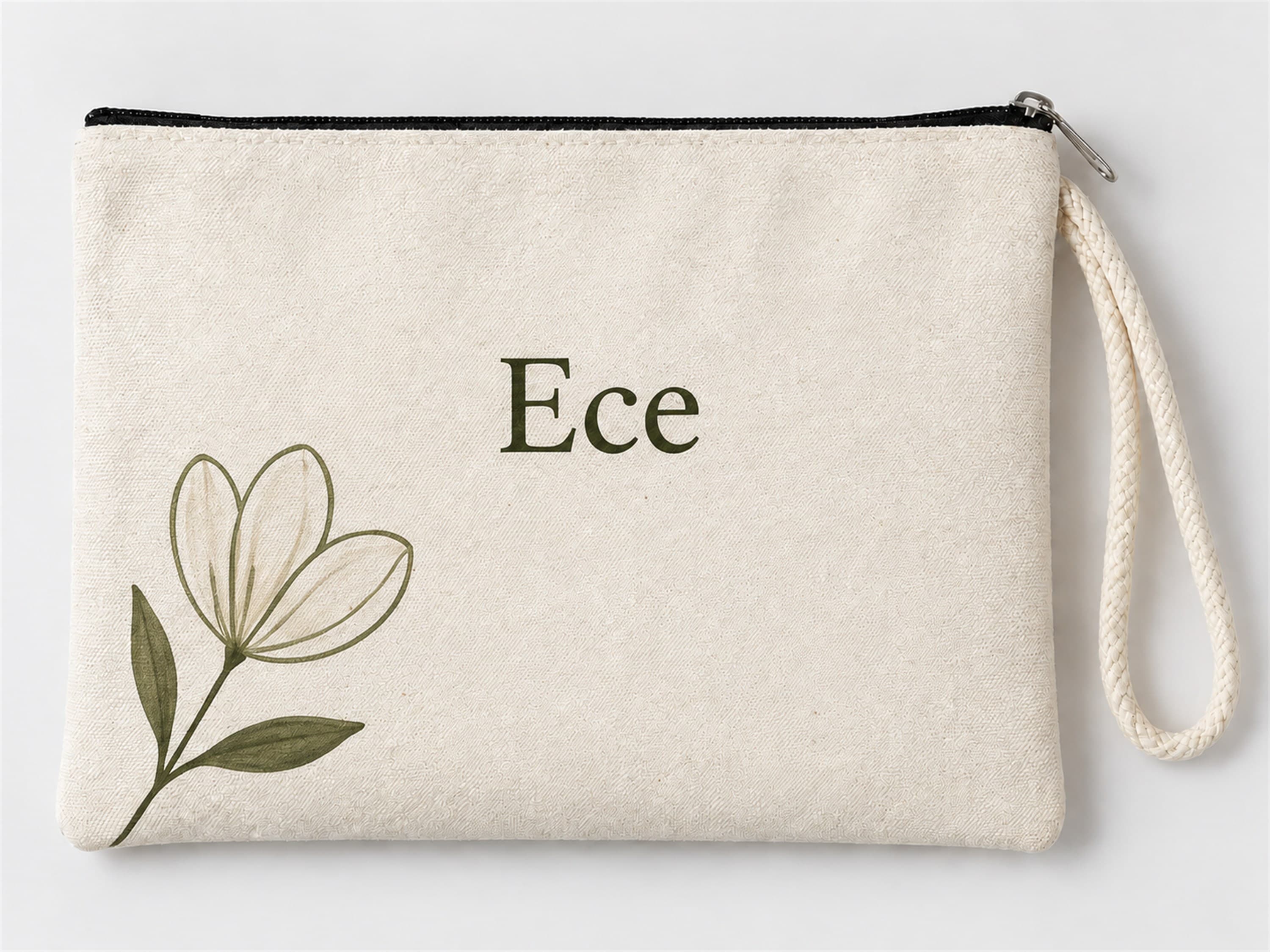 Kişiye Özel Beyaz Çiçek Köşe Baskılı Fermuarlı Makyaj Çantası Bozuk Para Cüzdanı Clutch