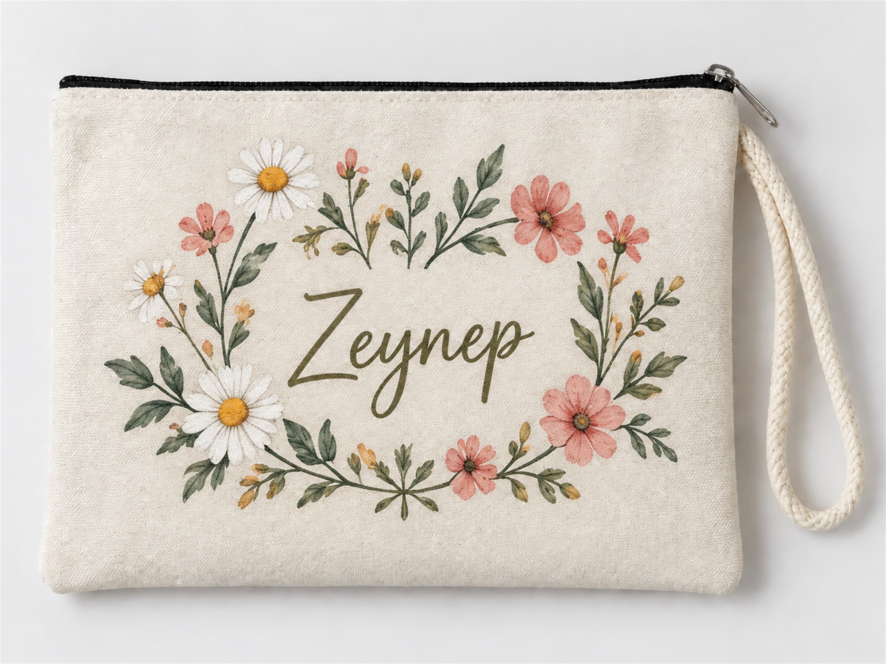 Kişiye Özel Çiçek Çelengi Baskılı Fermuarlı Makyaj Çantası Bozuk Para Cüzdanı Clutch Model 01287
