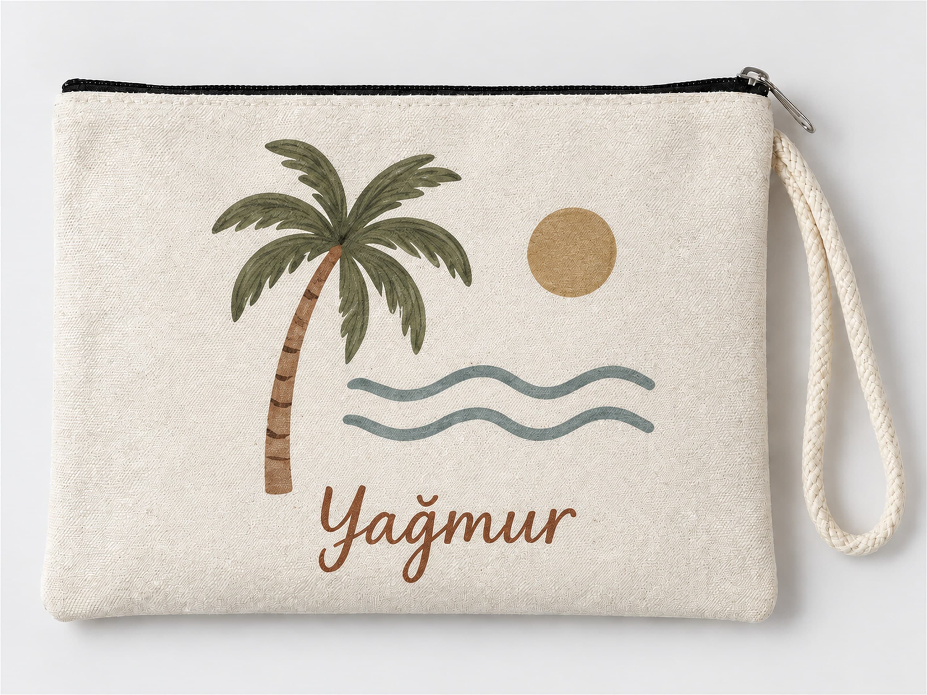 Kişiye Özel Palmiye ve Deniz Baskılı Fermuarlı Makyaj Çantası Bozuk Para Cüzdanı Clutch