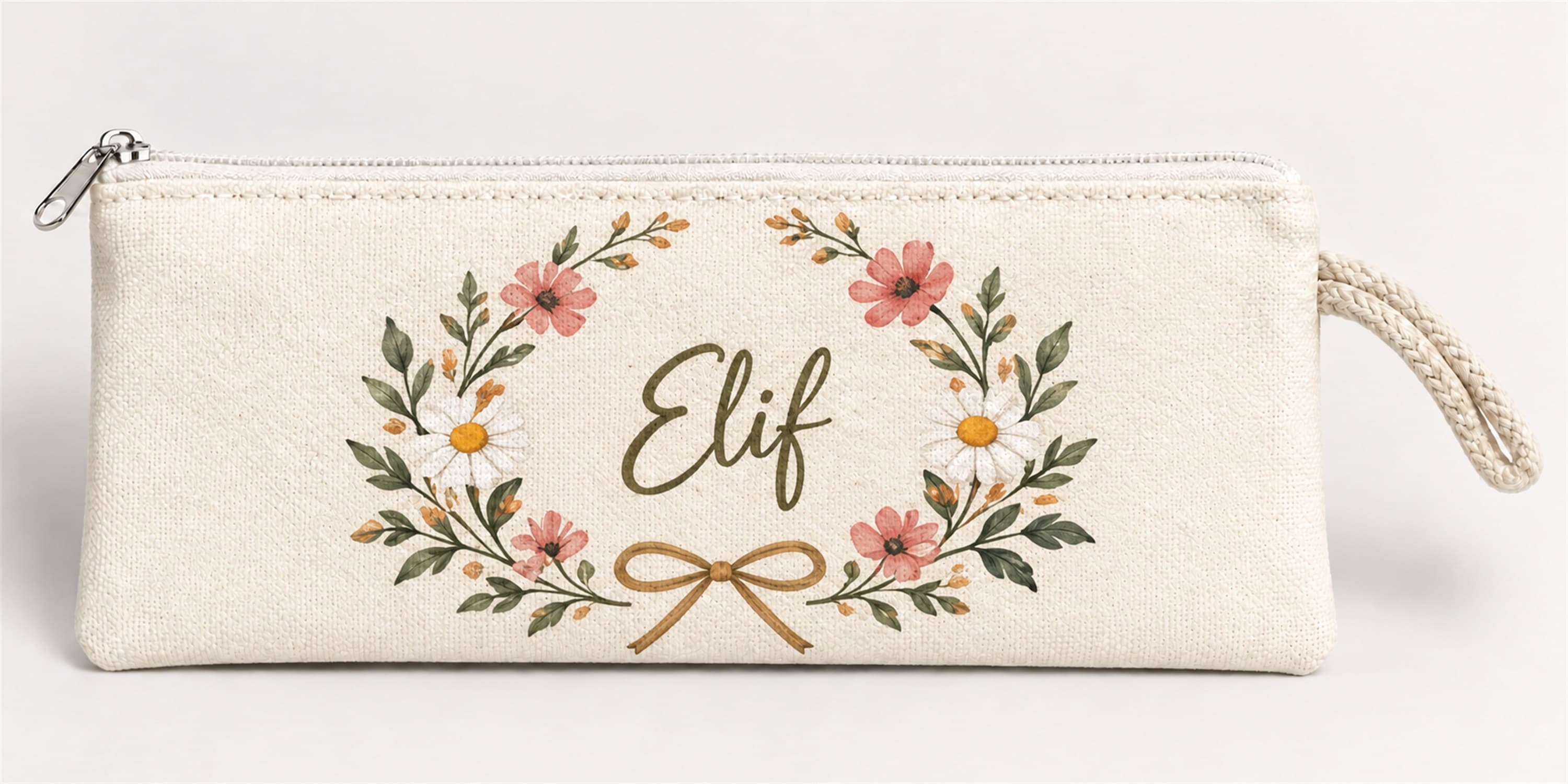 Kişiye Özel Papatya Fiyonk Çelengi Baskılı Fermuarlı Clutch El Çantası Makyaj Çantası