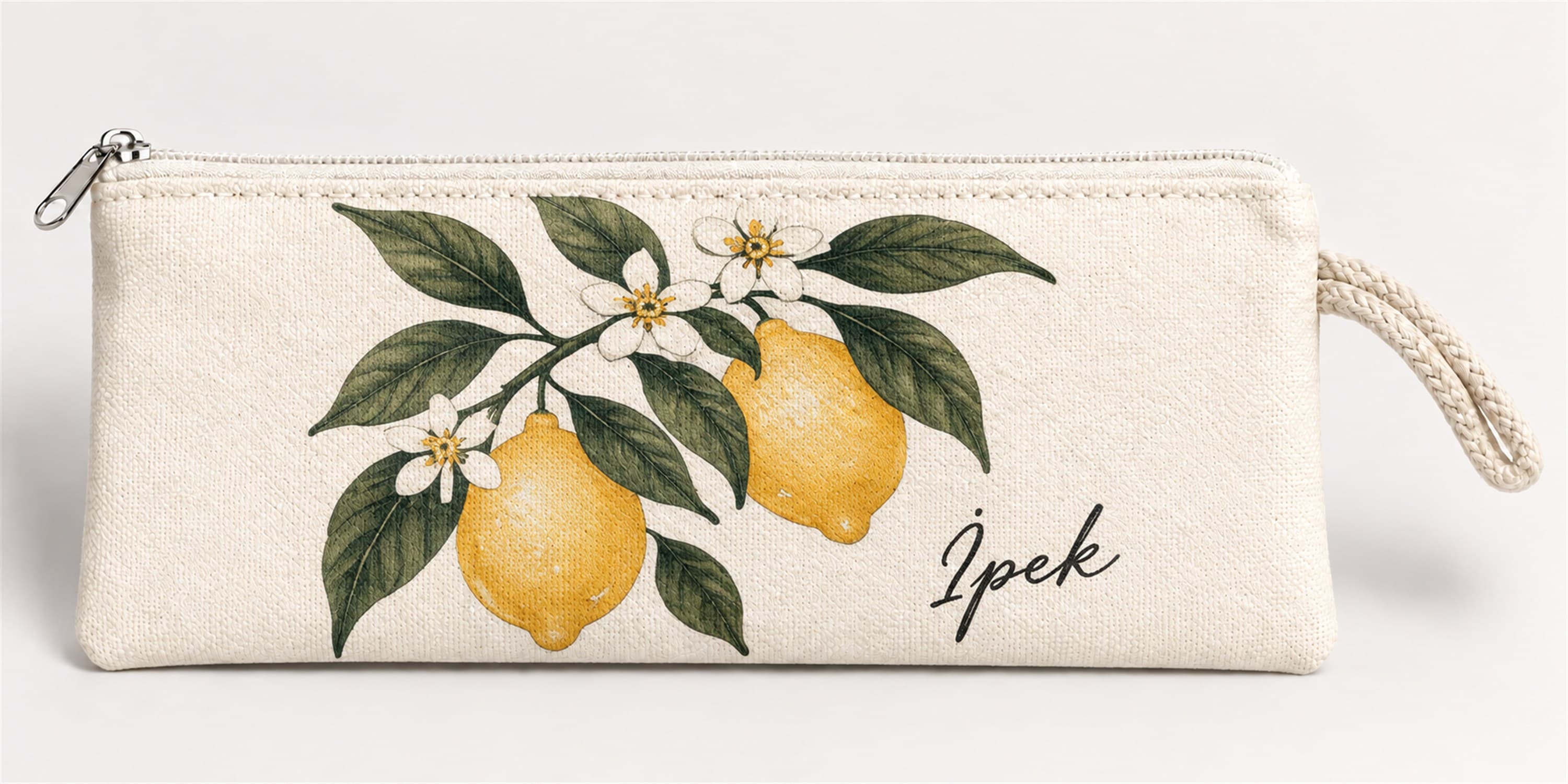 Kişiye Özel Limon Çiçeği Baskılı Fermuarlı Clutch El Çantası Makyaj Çantası