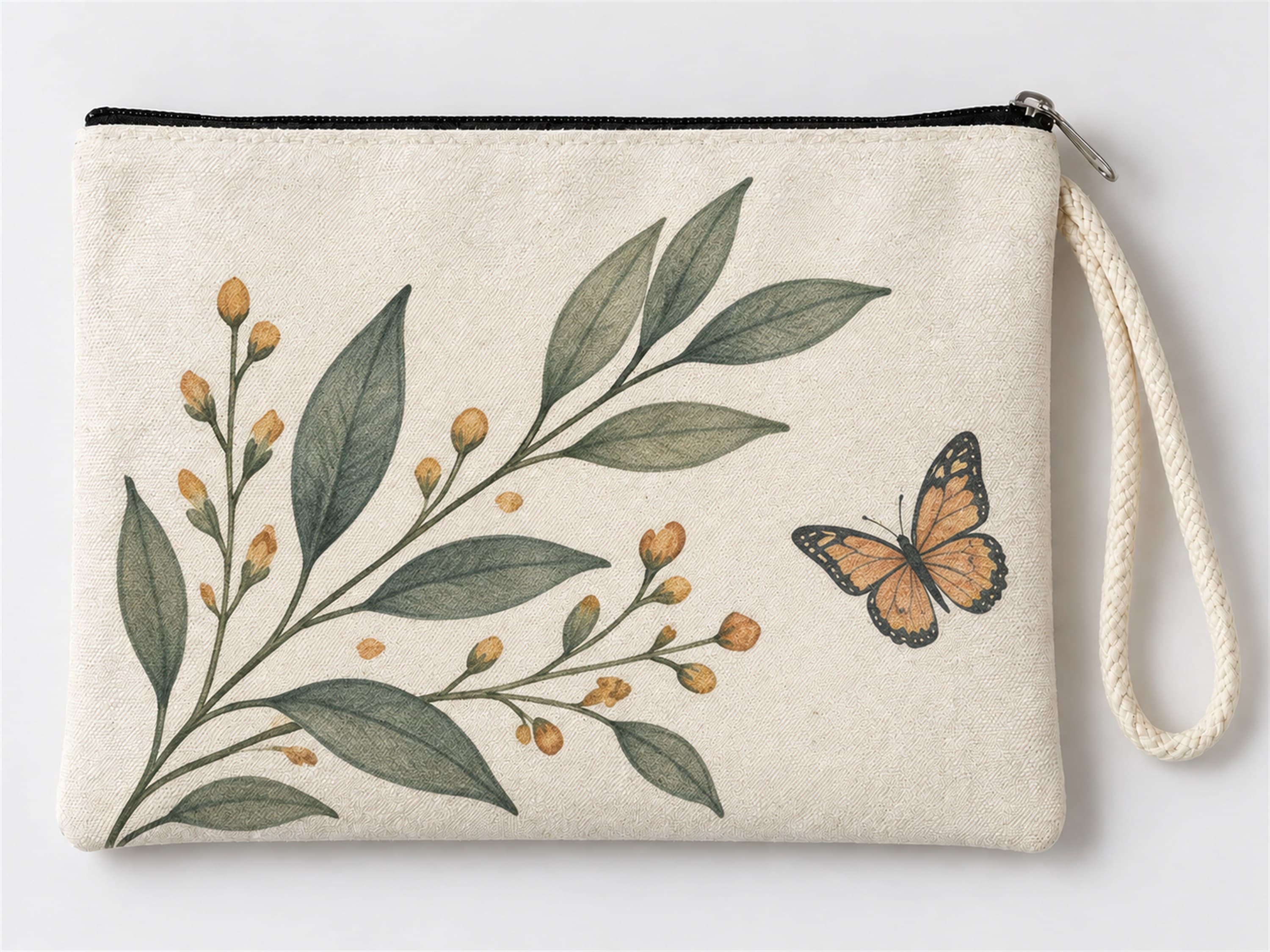 Kelebekli Yaprak Dalı Baskılı Fermuarlı Makyaj Çantası Bozuk Para Cüzdanı Clutch