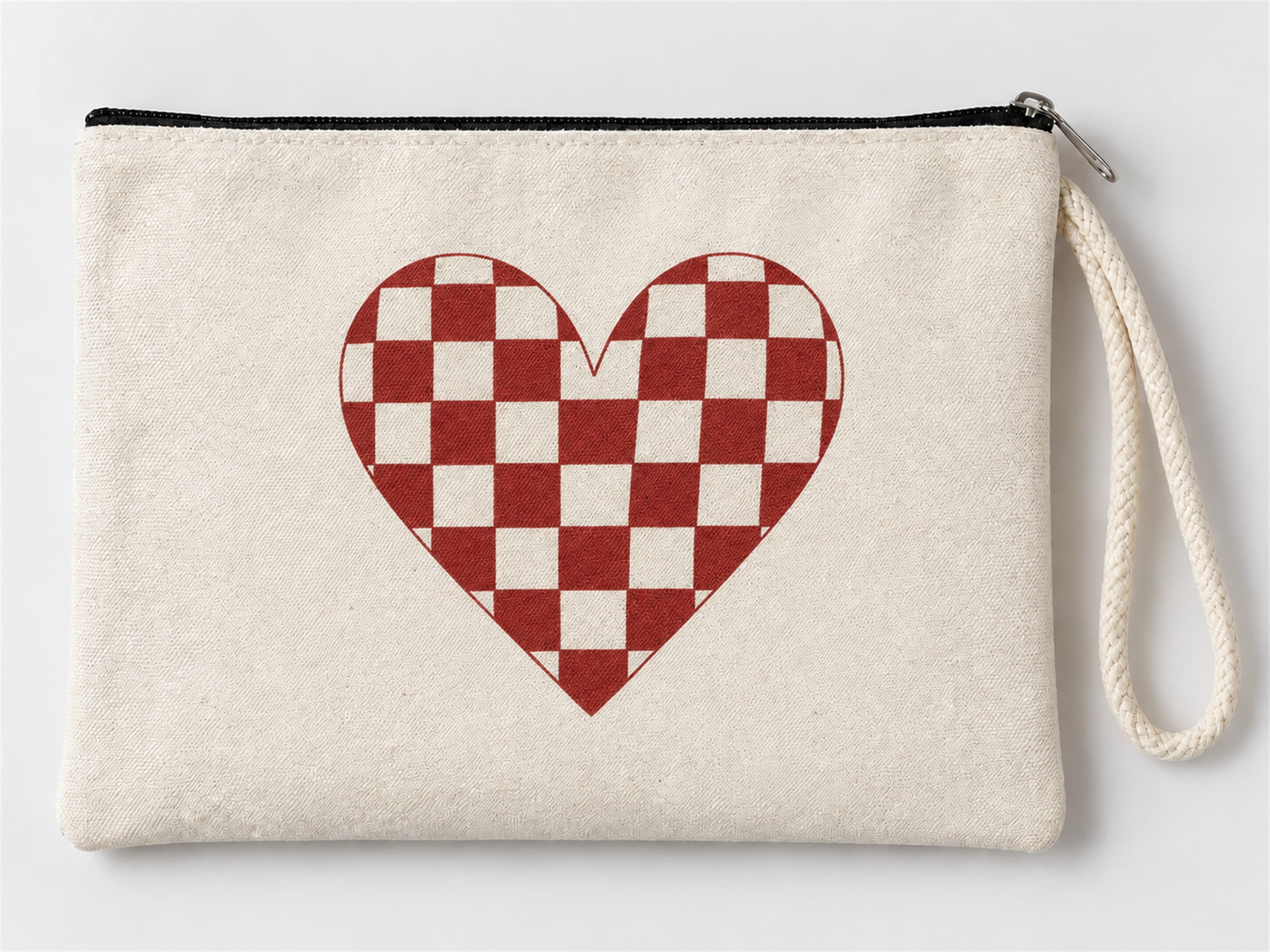 Ekose Kalp Baskılı Fermuarlı Makyaj Çantası Bozuk Para Cüzdanı Clutch