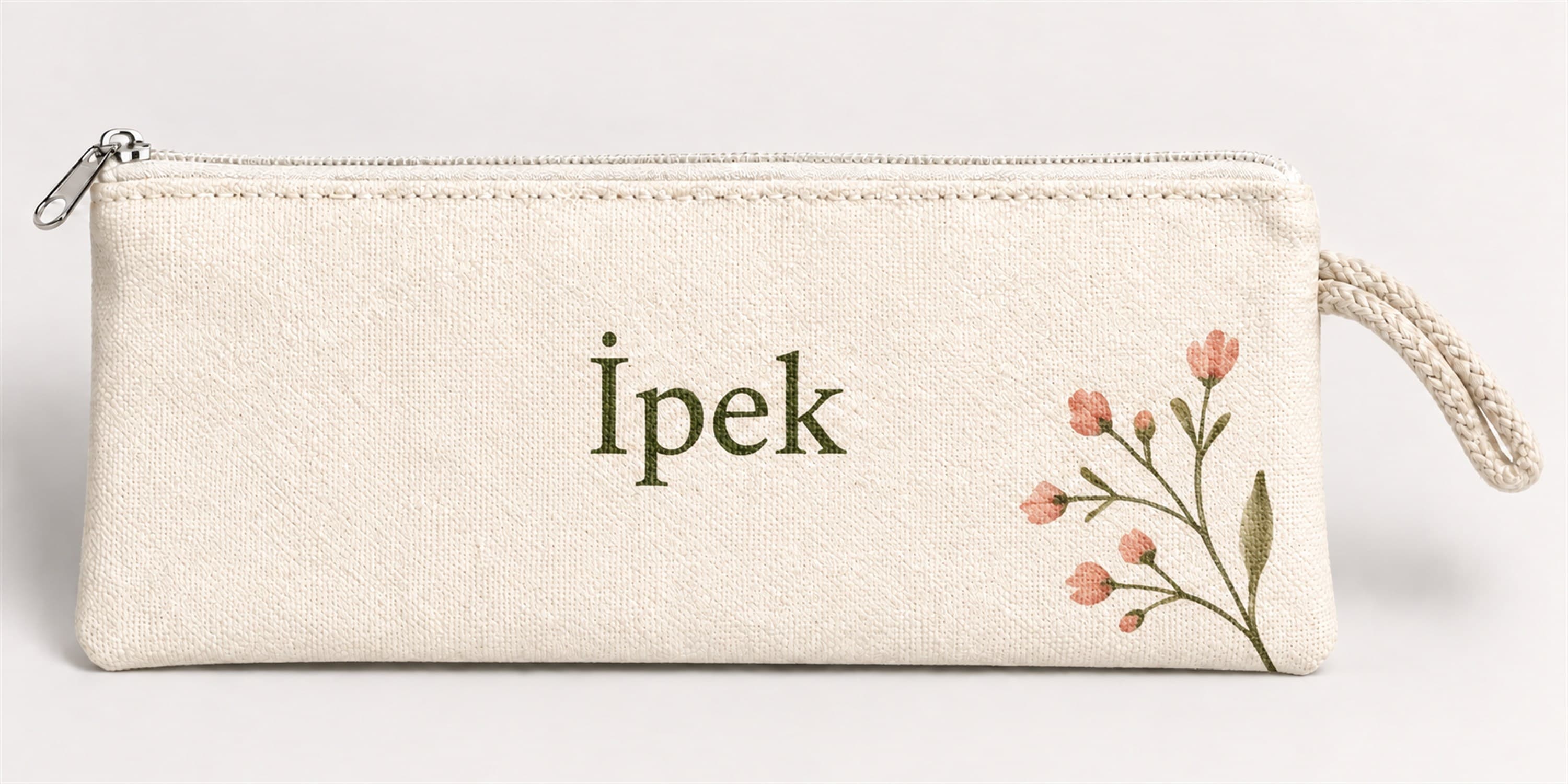 Kişiye Özel Pembe Çiçek Dalı Köşe Baskılı Fermuarlı Clutch El Çantası Makyaj Çantası