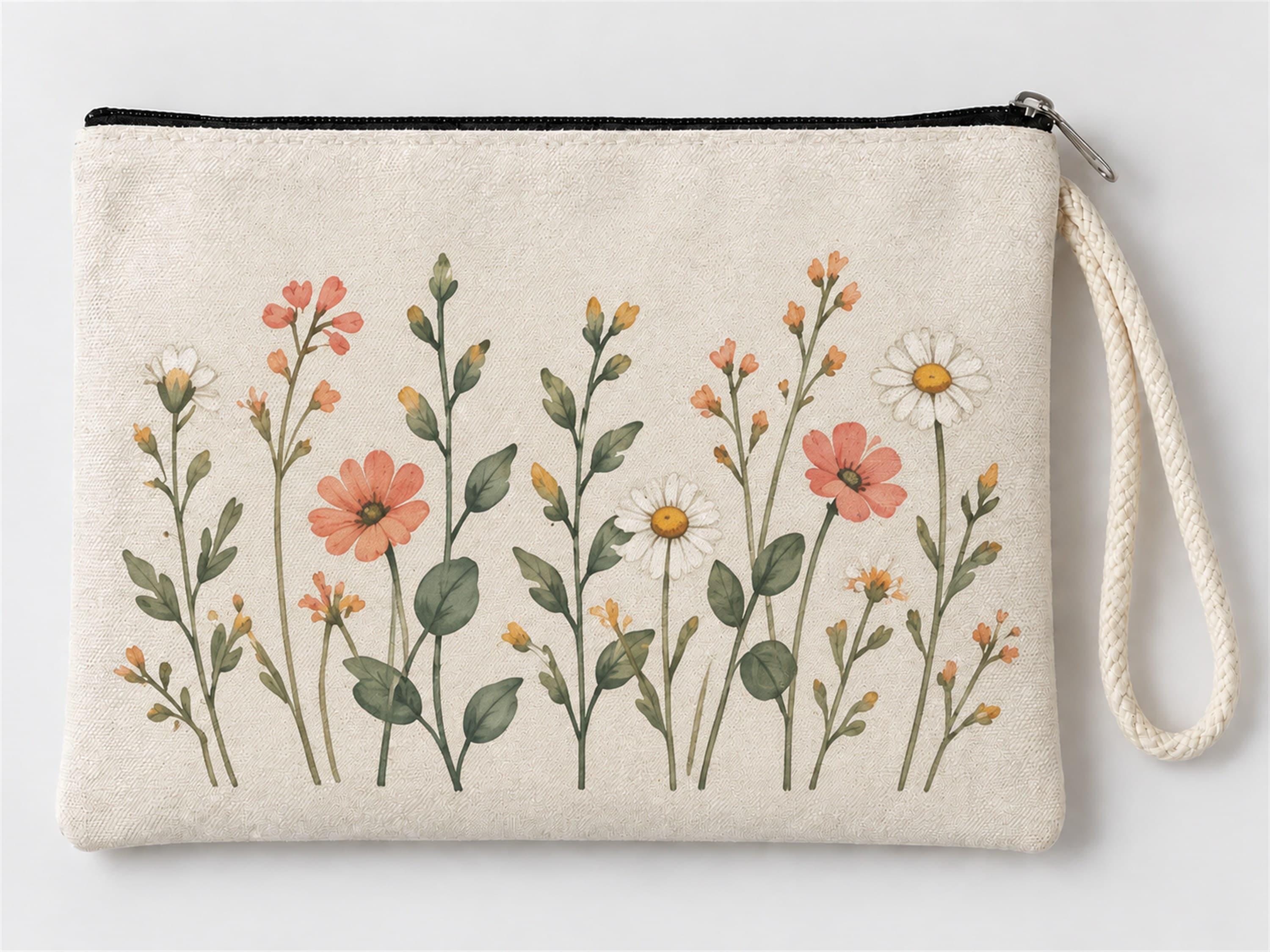 Kır Çiçekleri Baskılı Fermuarlı Makyaj Çantası Bozuk Para Cüzdanı Clutch