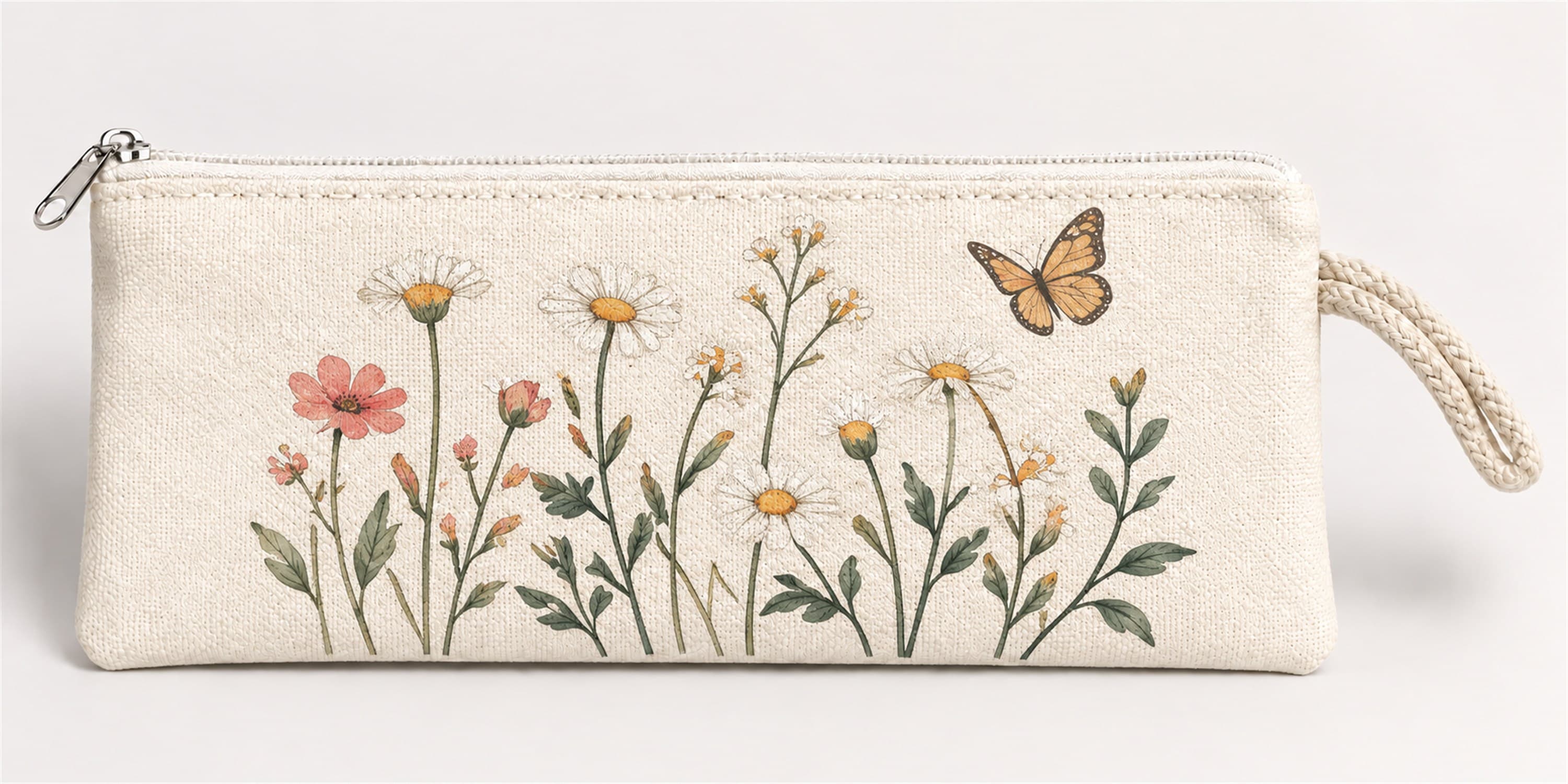 Kelebekli Kır Çiçekleri Baskılı Fermuarlı Clutch El Çantası Makyaj Çantası Model 01288