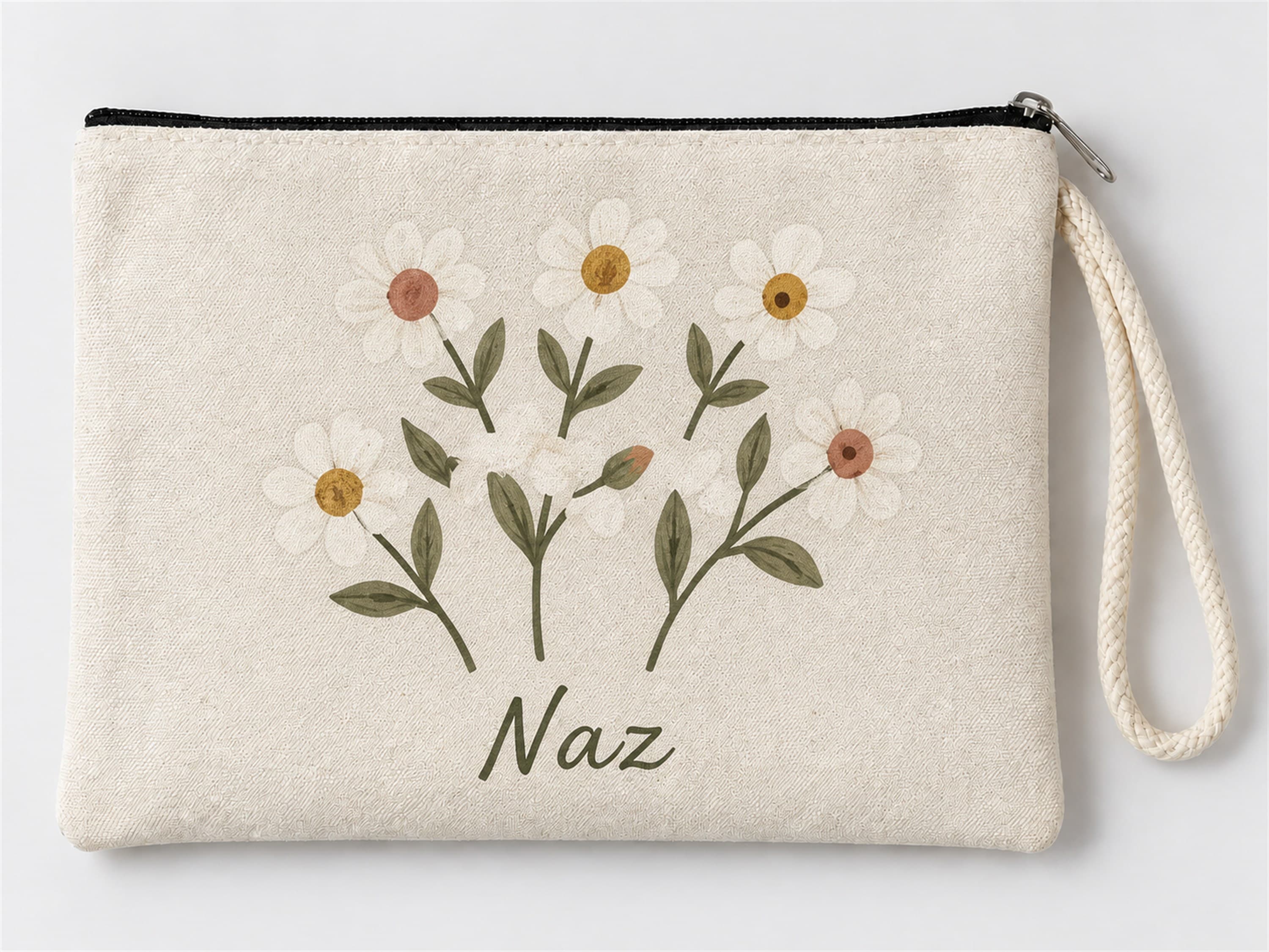 Kişiye Özel Papatya Buketi Baskılı Fermuarlı Makyaj Çantası Bozuk Para Cüzdanı Clutch