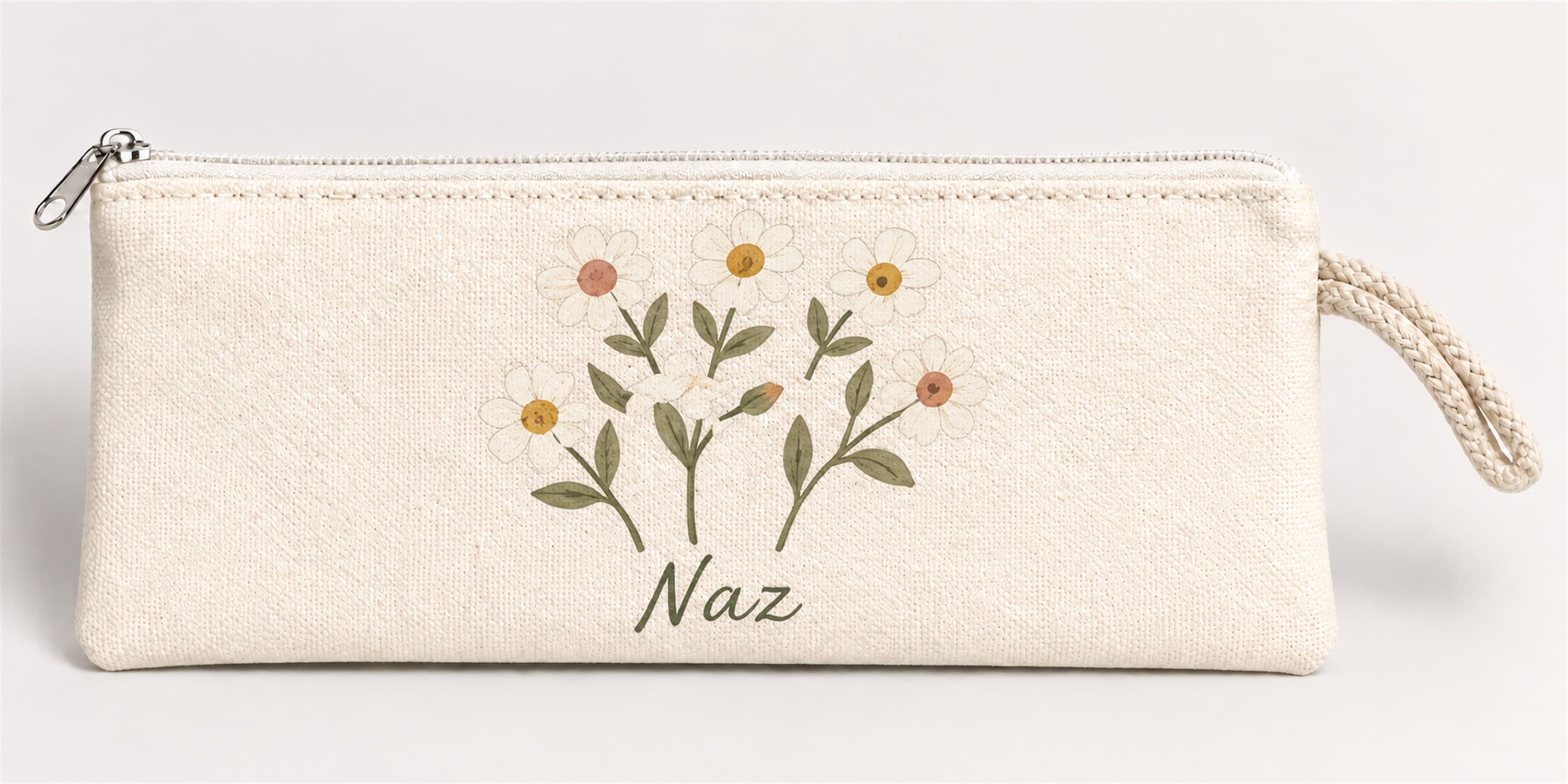 Kişiye Özel Papatya Buketi Baskılı Fermuarlı Clutch El Çantası Makyaj Çantası