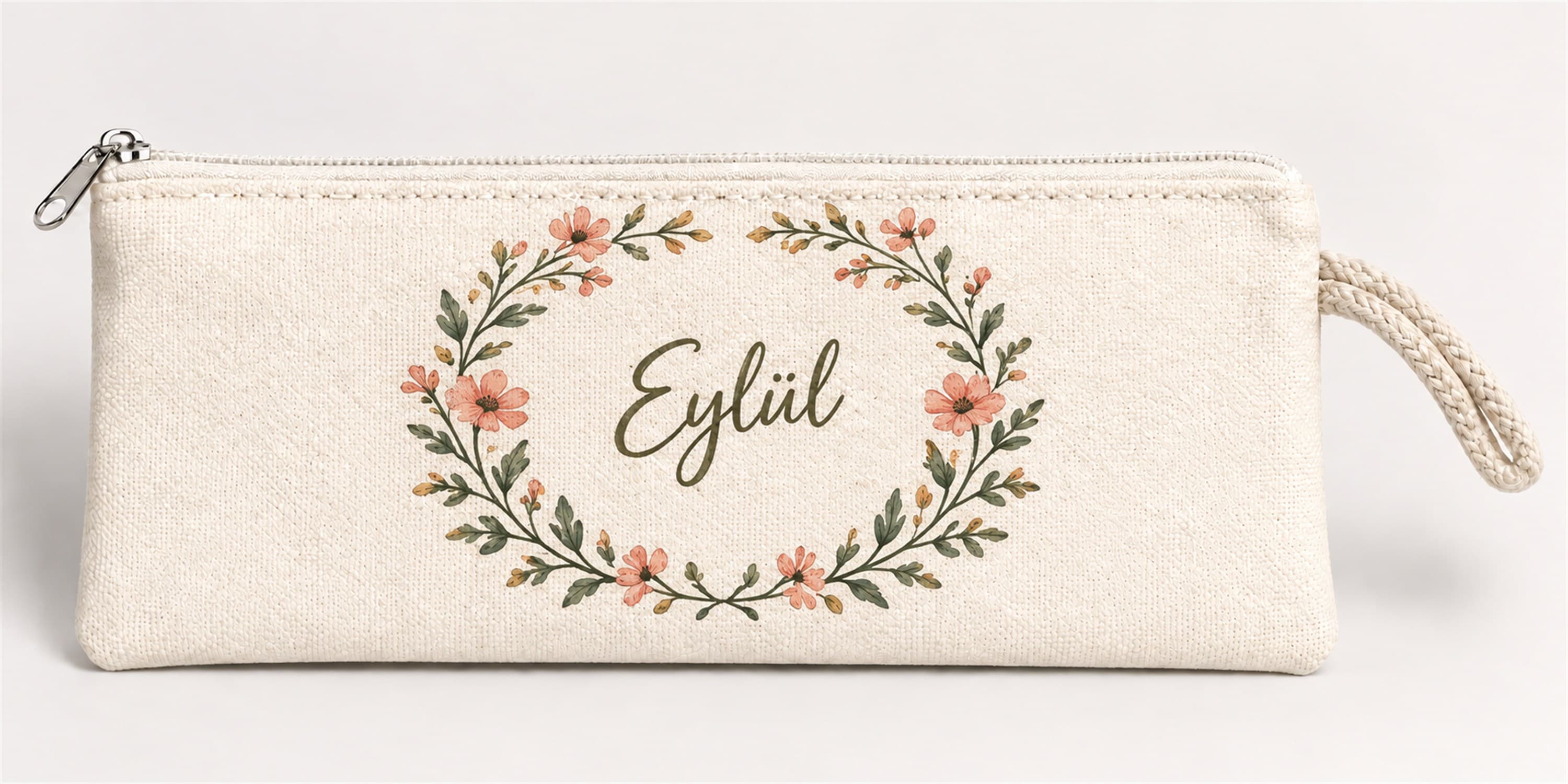 Kişiye Özel Çiçek Çelengi Baskılı Fermuarlı Clutch El Çantası Makyaj Çantası Model 01292