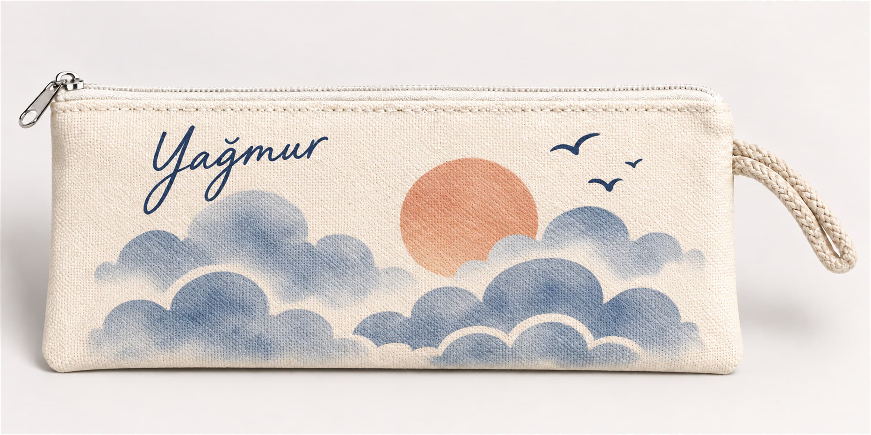 Kişiye Özel Bulutlu Gün Batımı Baskılı Fermuarlı Clutch El Çantası Makyaj Çantası