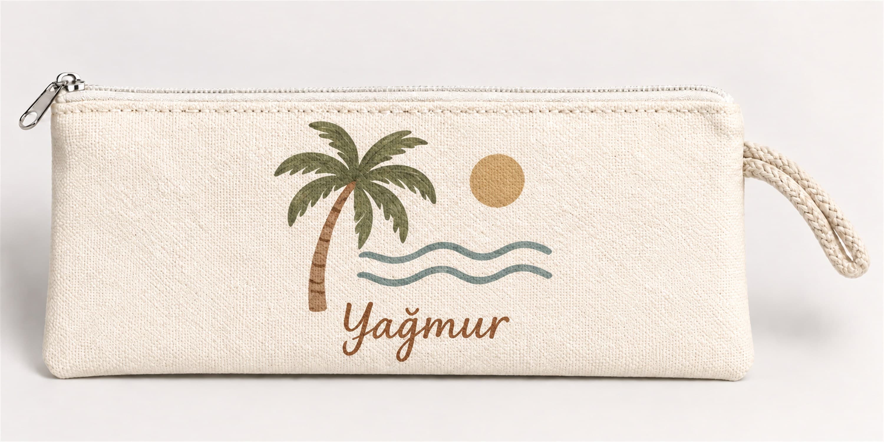 Kişiye Özel Palmiye ve Deniz Baskılı Fermuarlı Clutch El Çantası Makyaj Çantası