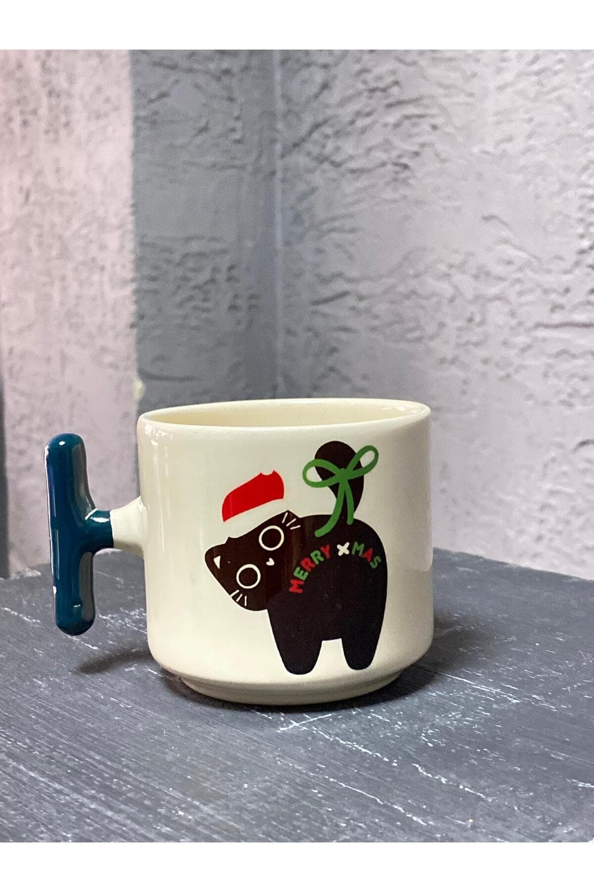 Merry Xmass Siyah Kedi Yeşil Kulplu T Yılbaşı Hediyesi Kupa