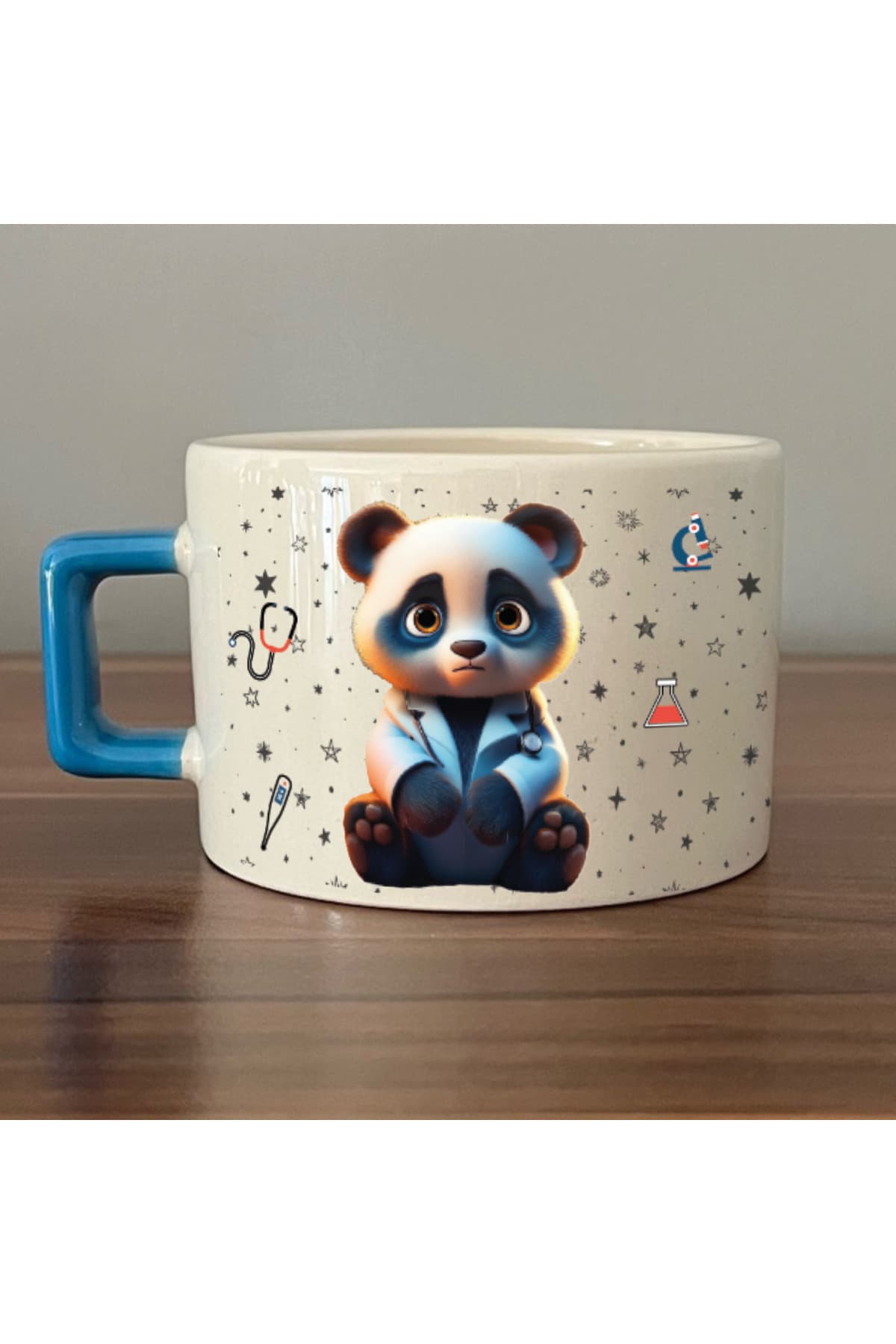 Sad Üzgün Panda - Meslek: Doktor Mavi Kulplu Kare Meslek Hediyesi Fincan