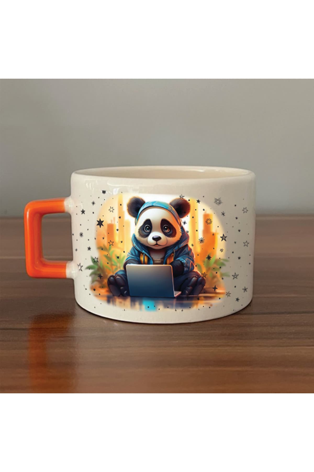Sad Üzgün Panda - Meslek: Yazılımcı Turuncu Kulplu Kare Meslek Hediyesi Fincan