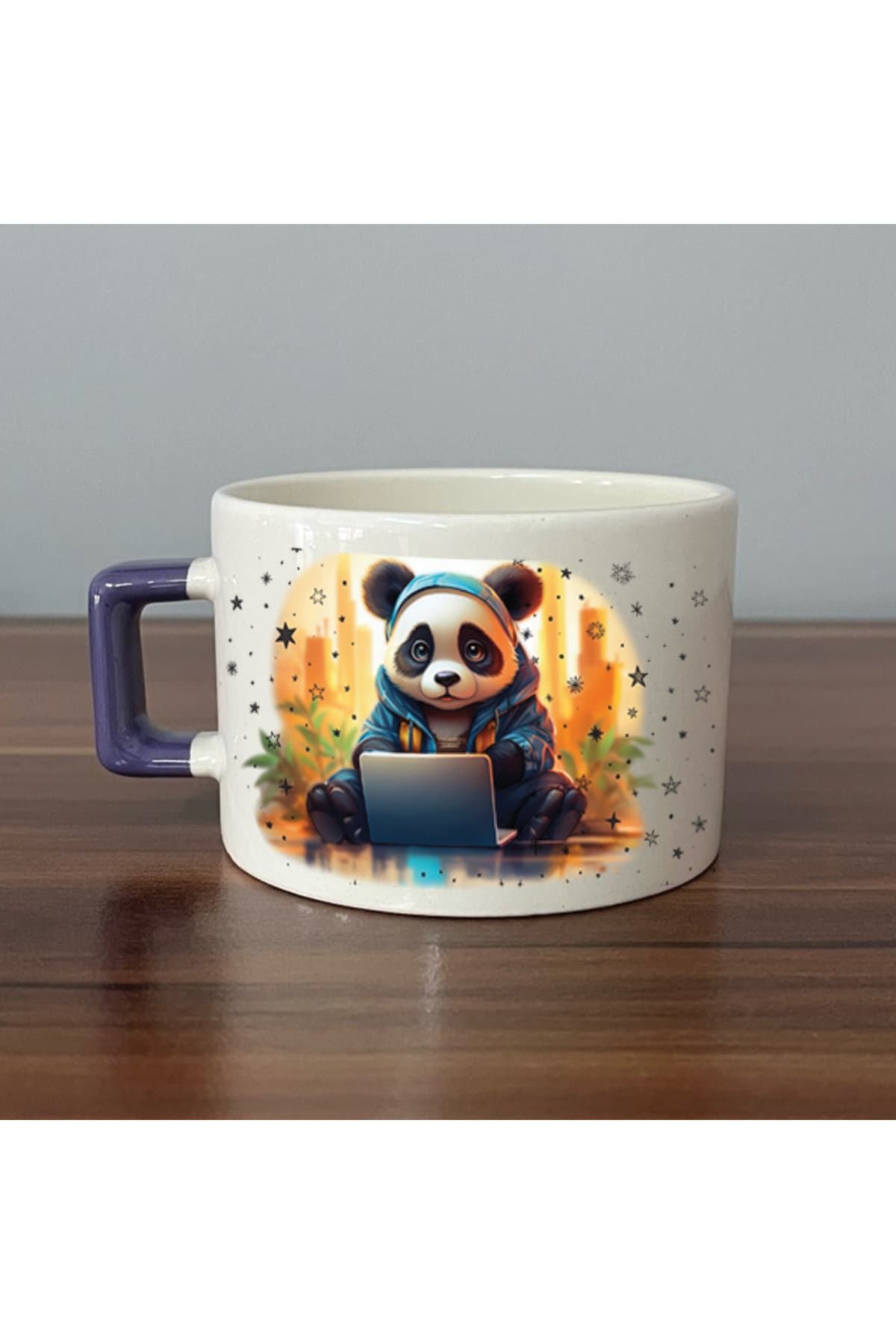 Sad Üzgün Panda - Meslek: Yazılımcı Mor Kulplu Kare Meslek Hediyesi Fincan