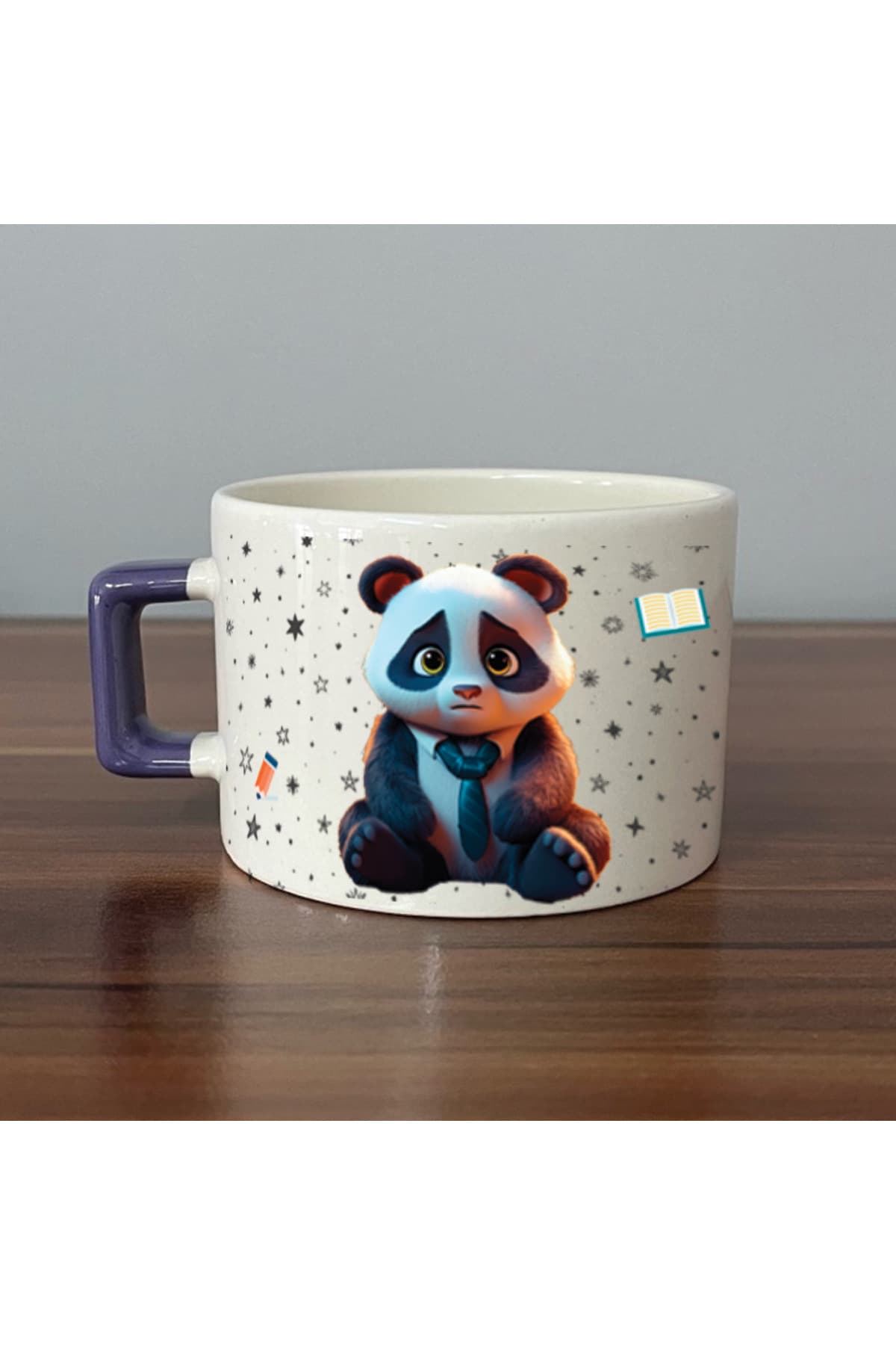 Sad Üzgün Panda - Meslek: Öğretmen Mor Kulplu Kare Meslek Hediyesi Fincan