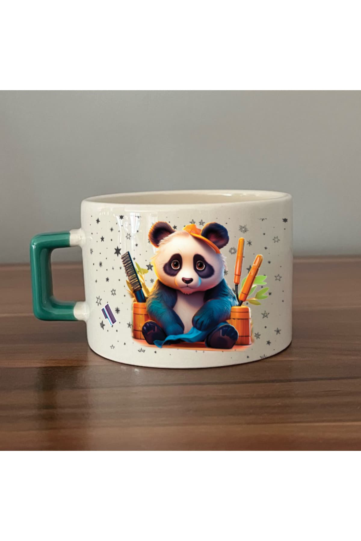 Sad Üzgün Panda - Meslek: Kuaför Yeşil Kulplu Kare Meslek Hediyesi Fincan