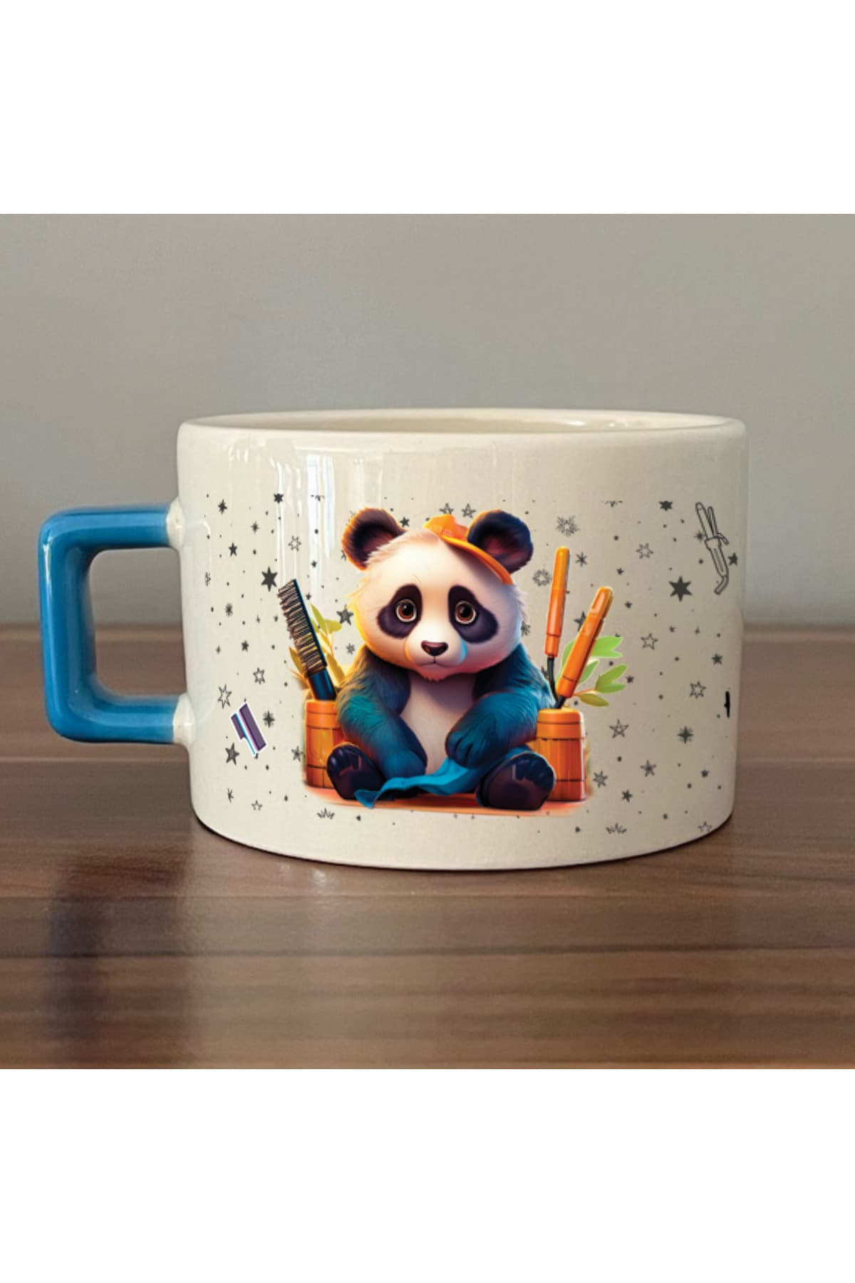 Sad Üzgün Panda - Meslek: Kuaför Mavi Kulplu Kare Meslek Hediyesi Fincan