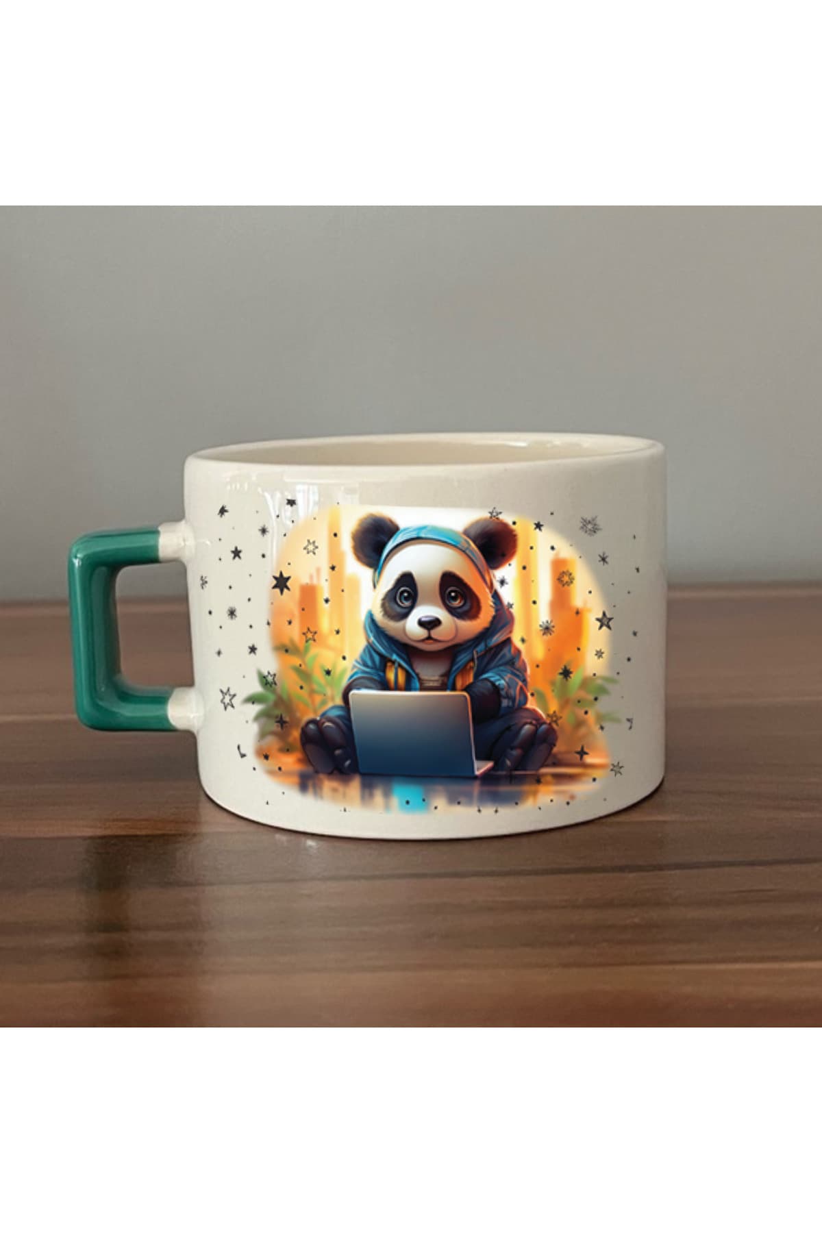 Sad Üzgün Panda - Meslek: Yazılımcı Yeşil Kulplu Kare Meslek Hediyesi Fincan