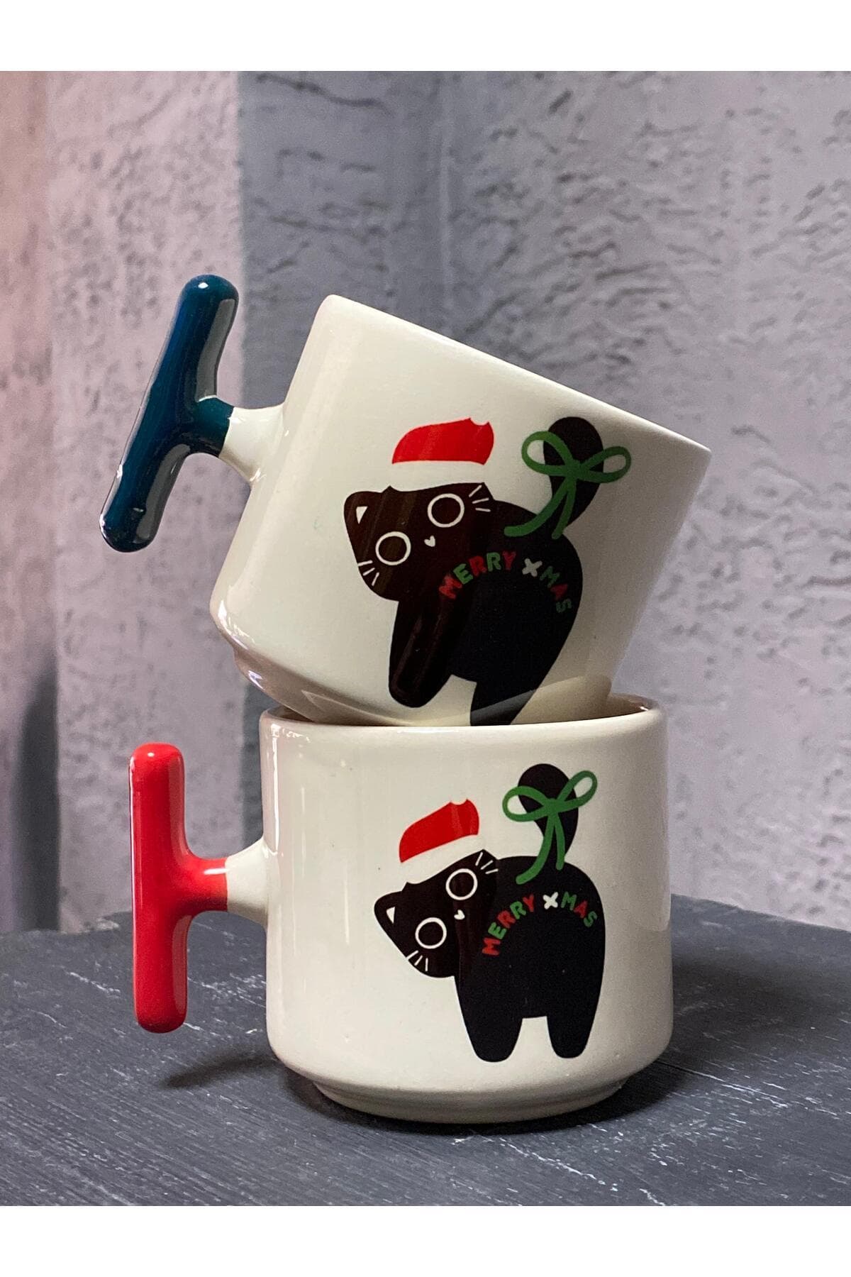 Merry Xmass Siyah Kedi Beyaz Kulplu T Yılbaşı Hediyesi Kupa