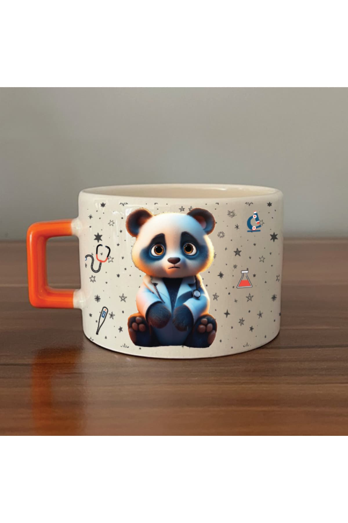 Sad Üzgün Panda - Meslek: Doktor Turuncu Kulplu Kare Meslek Hediyesi Fincan