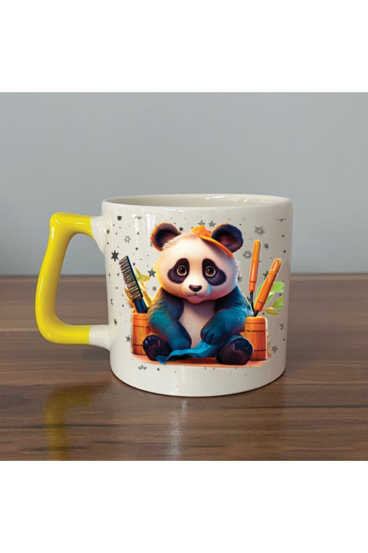 Sad Üzgün Panda - Meslek: Kuaför Sarı Kulplu Prime Meslek Hediyesi Kupa
