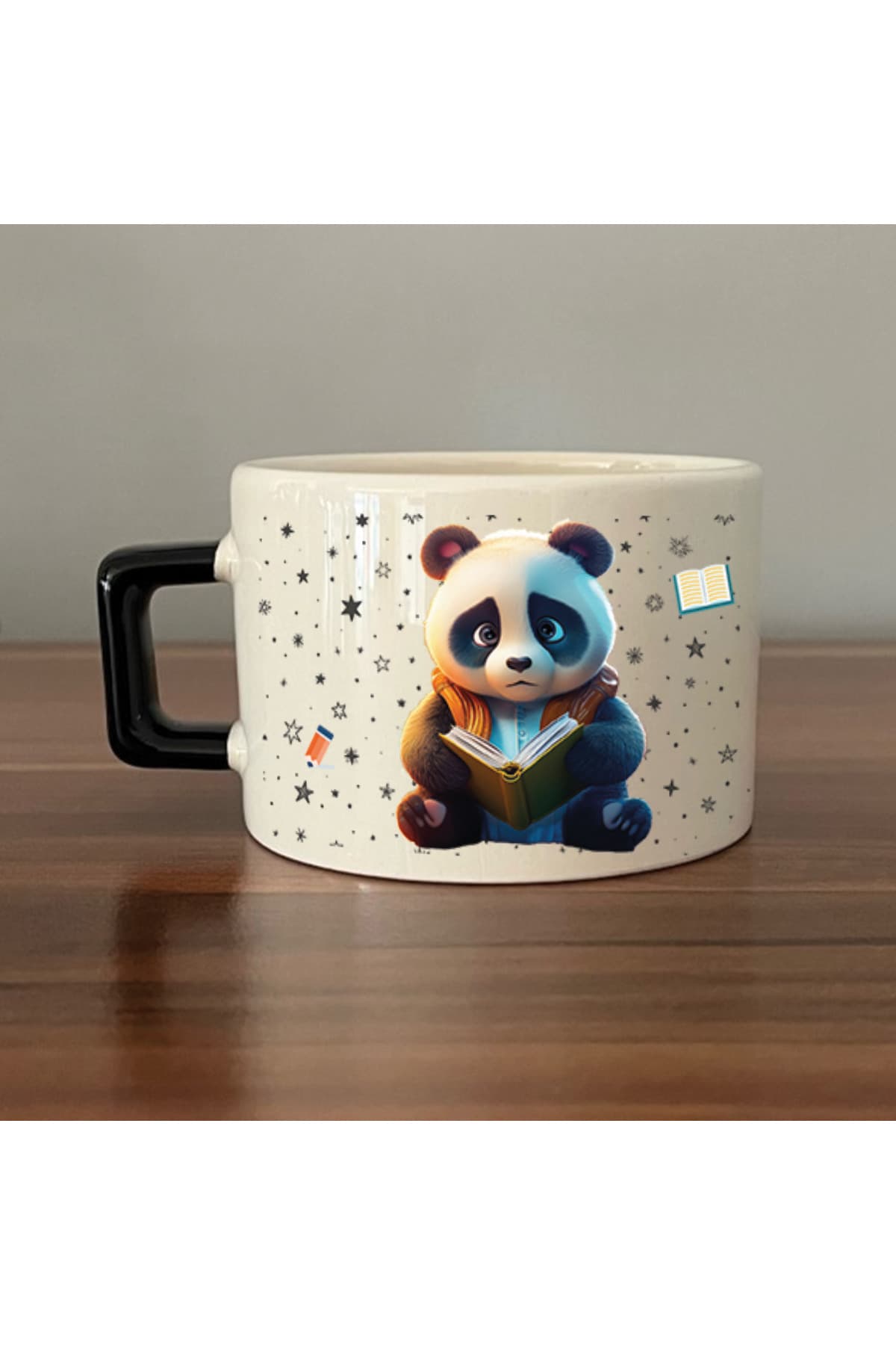 Sad Üzgün Panda - Meslek: Öğrenci Siyah Kulplu Kare Meslek Hediyesi Fincan