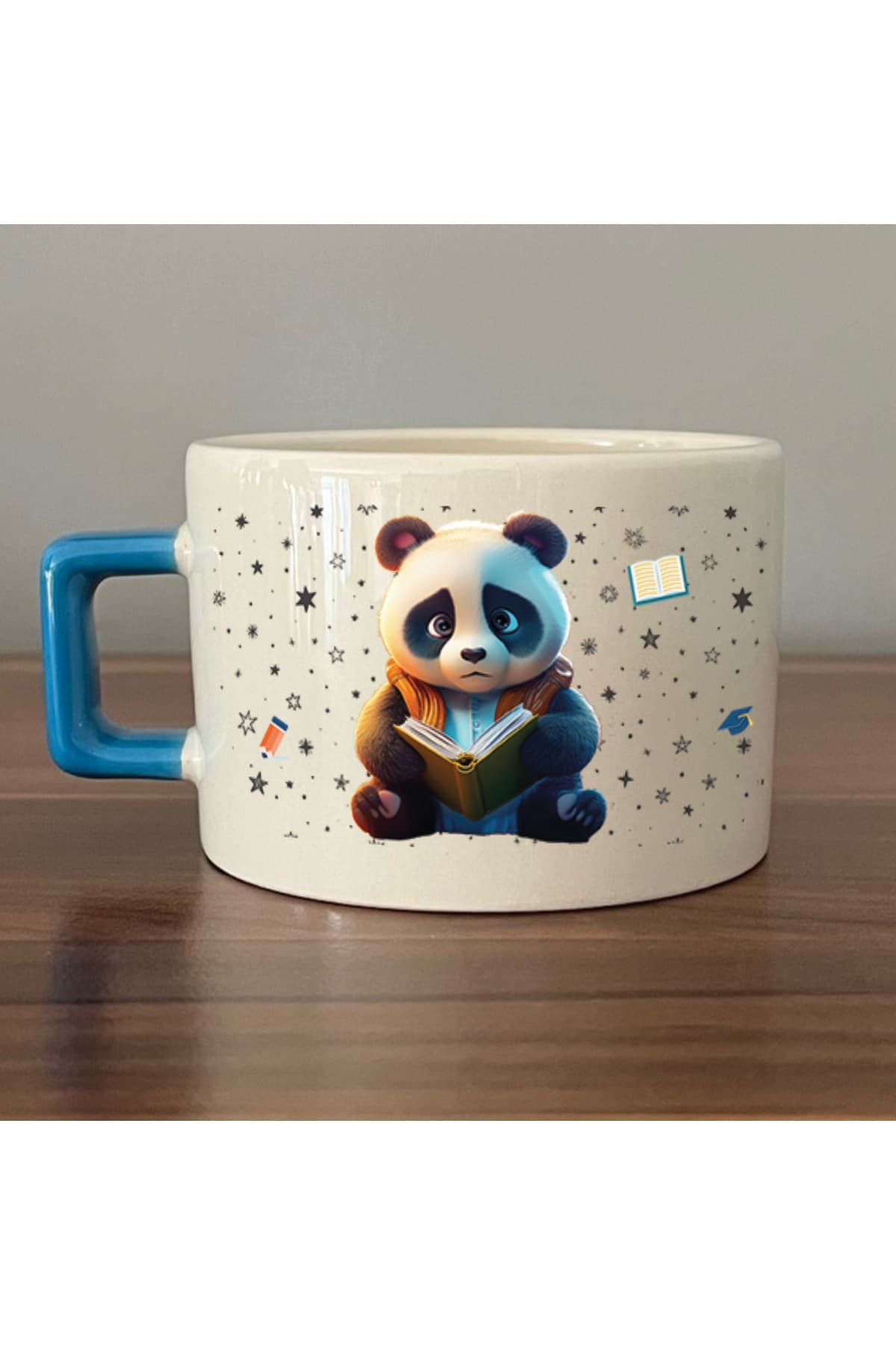 Sad Üzgün Panda - Meslek: Öğrenci Mavi Kulplu Kare Meslek Hediyesi Fincan