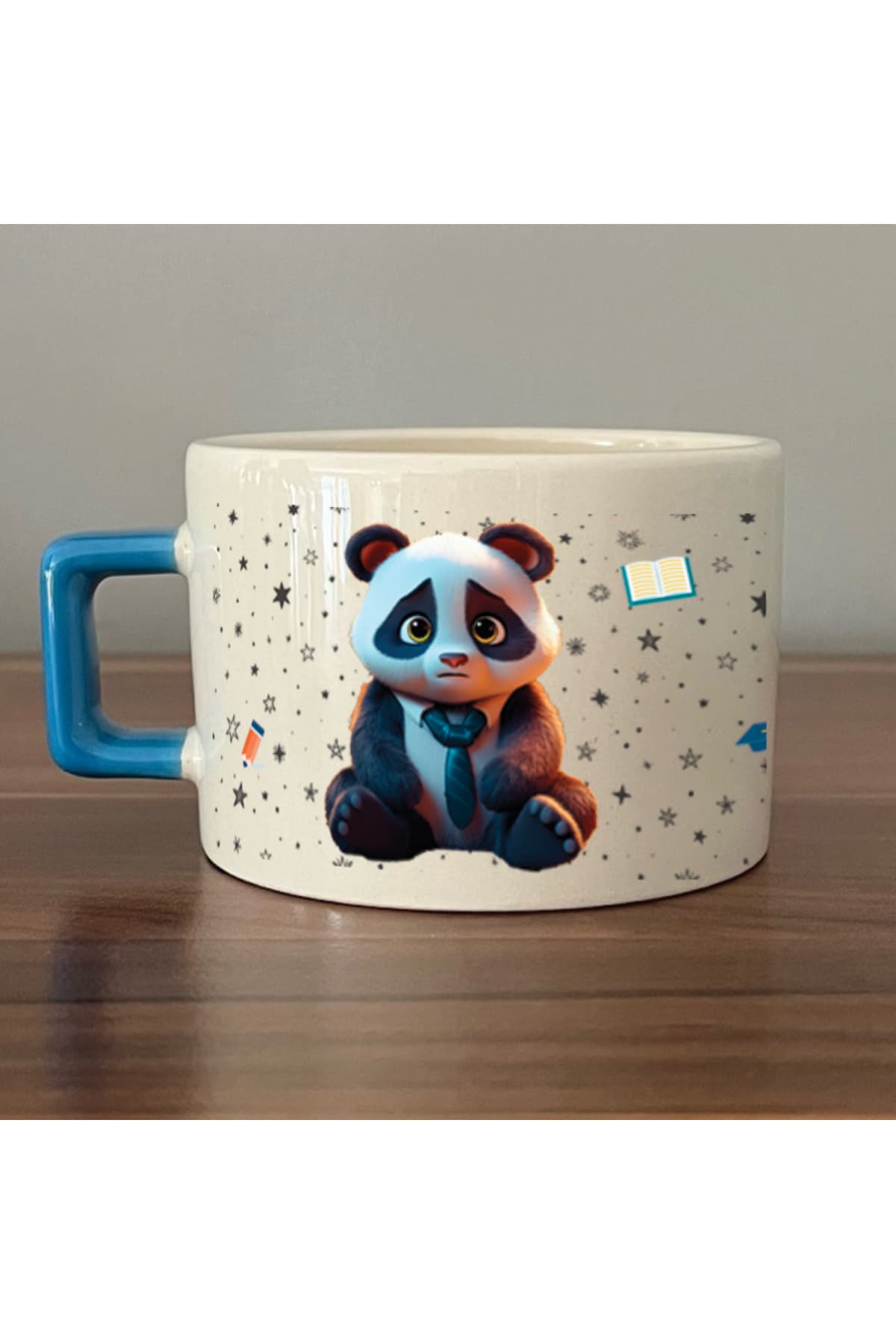 Sad Üzgün Panda - Meslek: Öğretmen Mavi Kulplu Kare Meslek Hediyesi Fincan