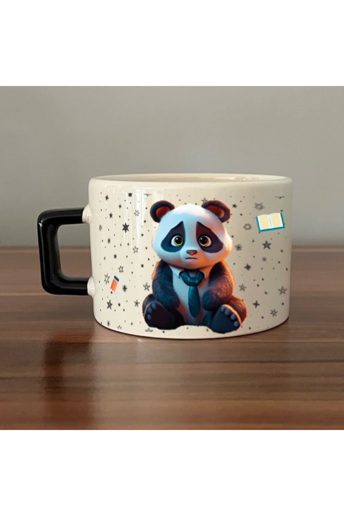 Sad Üzgün Panda - Meslek: Öğretmen Siyah Kulplu Kare Meslek Hediyesi Fincan