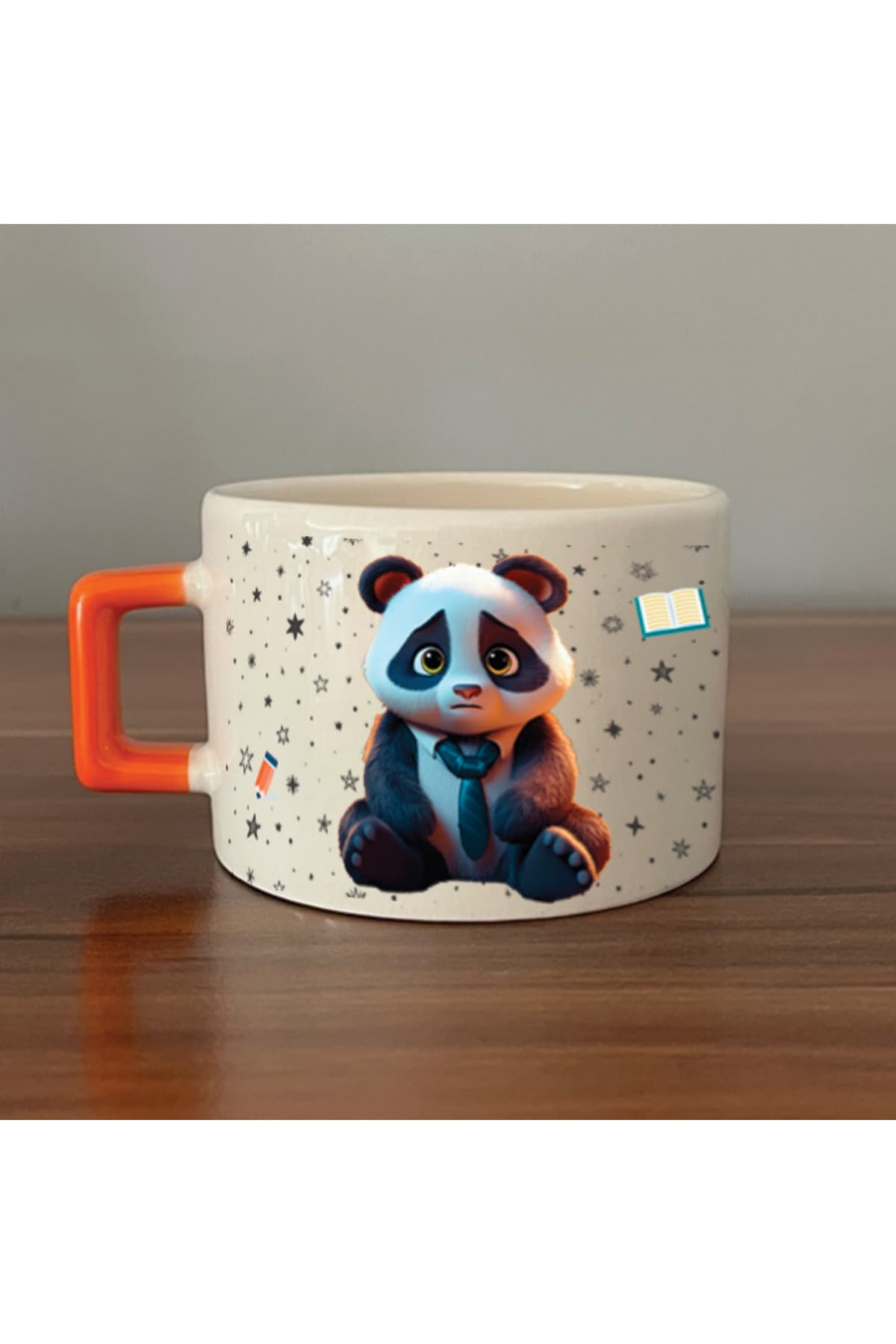 Sad Üzgün Panda - Meslek: Öğretmen Turuncu Kulplu Kare Meslek Hediyesi Fincan