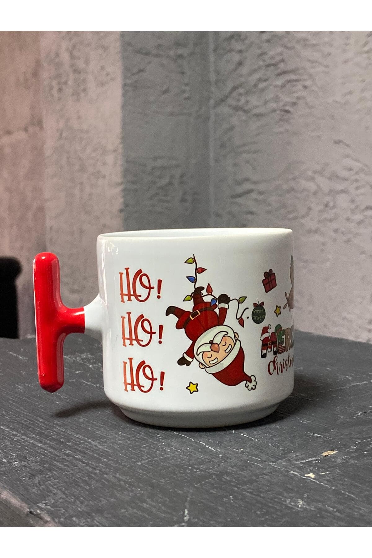 Ters Noel Baba Baskılı Kırmızı Kulplu T Yılbaşı Hediyesi Kupa