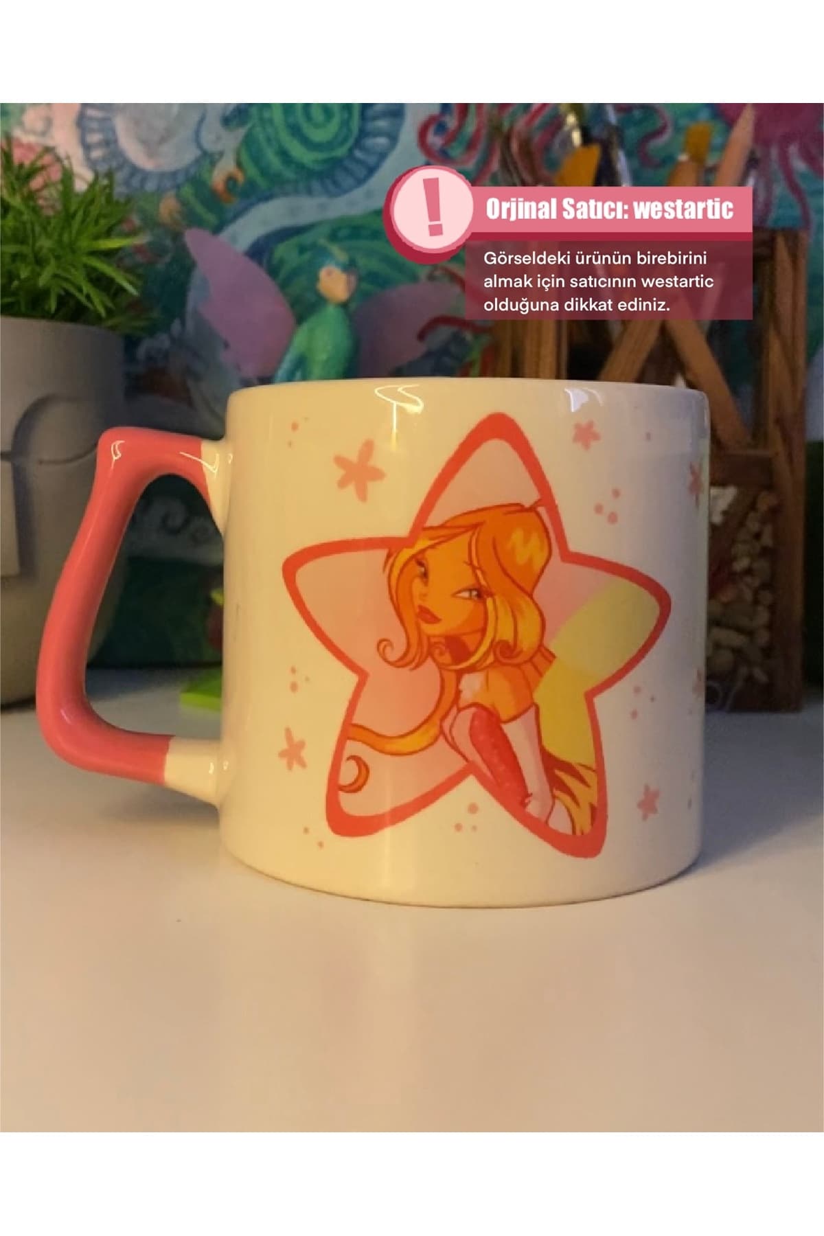 Pembe Winx Club Flora Kupa Fincan Bardak, şık ve renkli tasarım