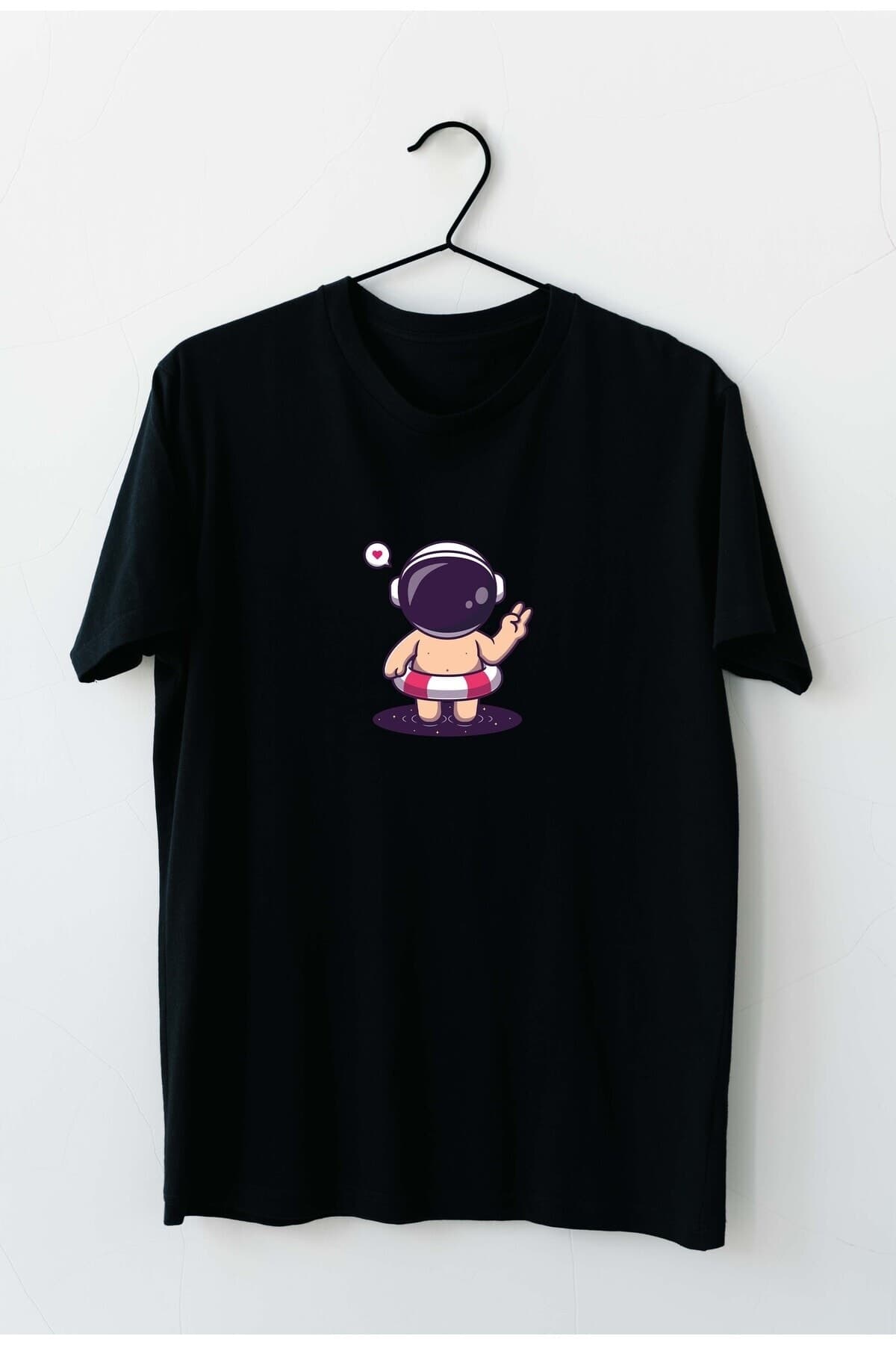 Can Simitli Astronot Baskılı Siyah Erkek Tişört - XL