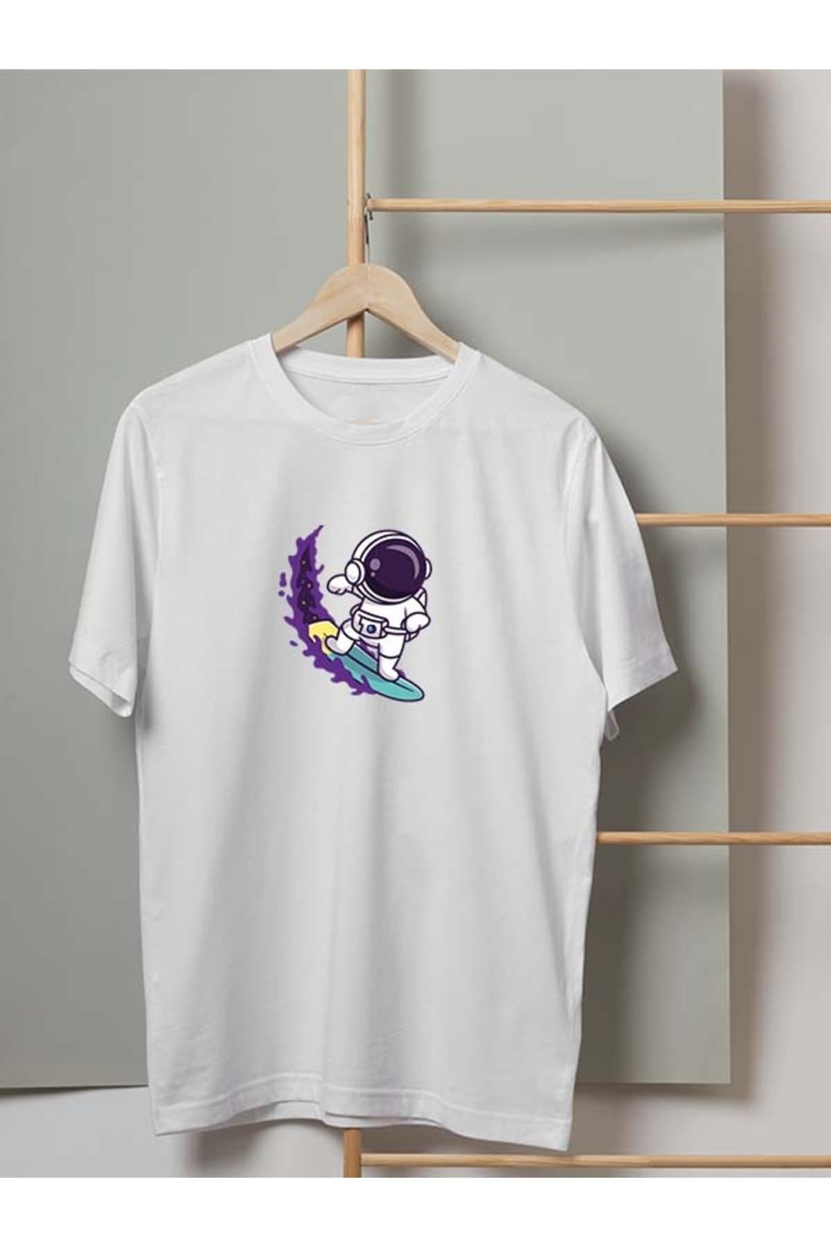 Su Kayağı ve Astronot Baskılı Beyaz Erkek Tişört - XL