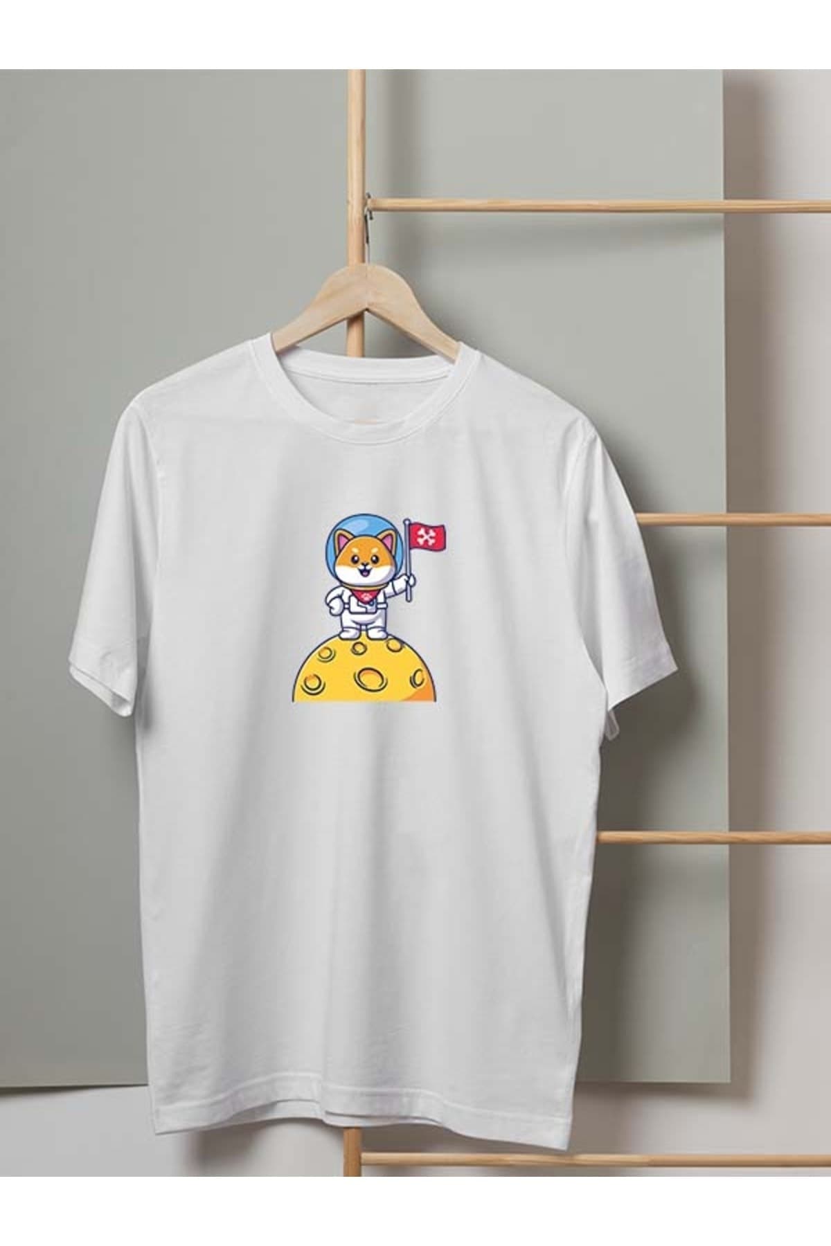 Astronot Kedi Baskılı Beyaz Erkek Tişört - XL