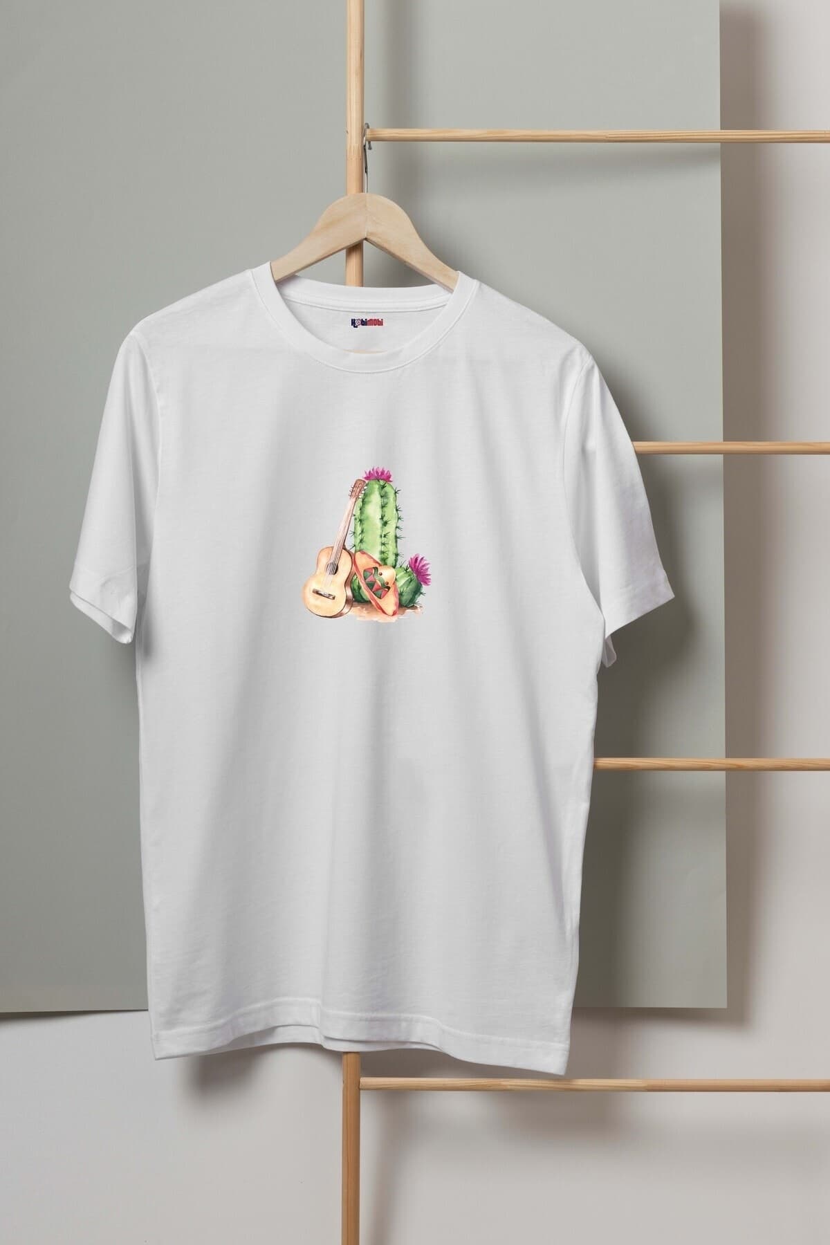 Gitar ve Kaktüs Baskılı Beyaz Erkek Tişört - L