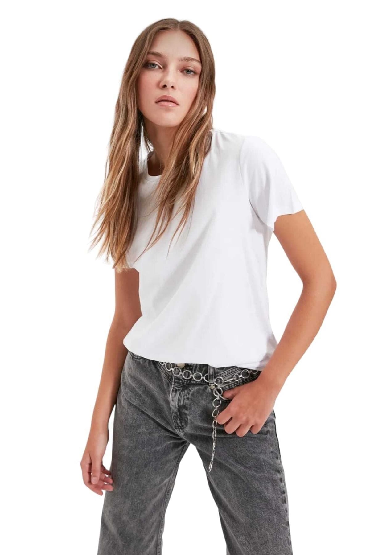 Basic Bisiklet Yaka Beyaz Kadın Tshirt Baskılı Beyaz Kadın Tişört