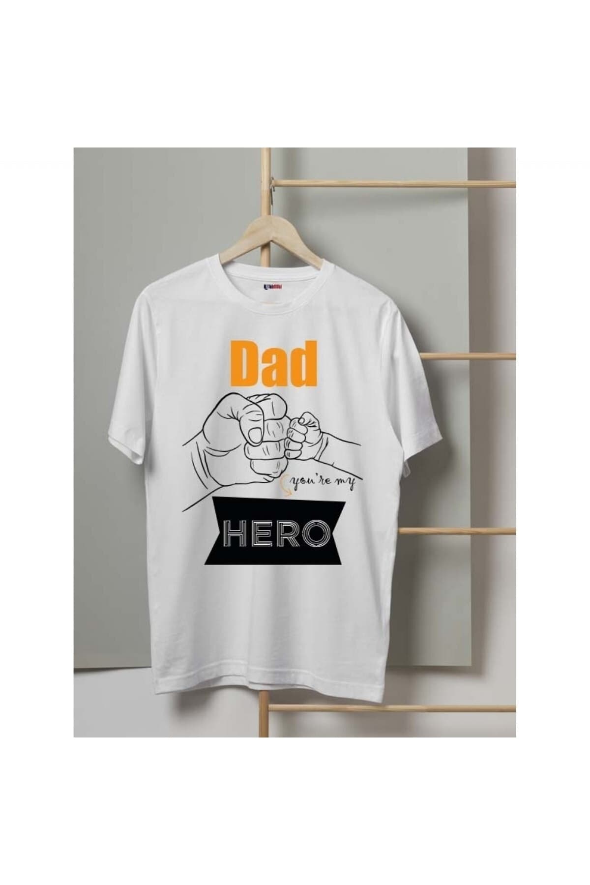 Dad Hero Baskılı Beyaz Erkek Tişört - Babalar Günü Hediyesi