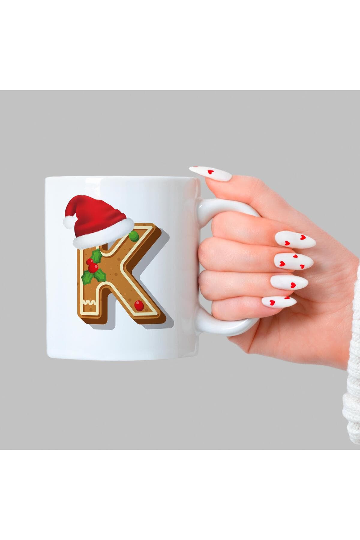 Kurabiye K Harfi Baskılı Beyaz Kupa - Yılbaşı Hediyesi Bardak Fincan Mug