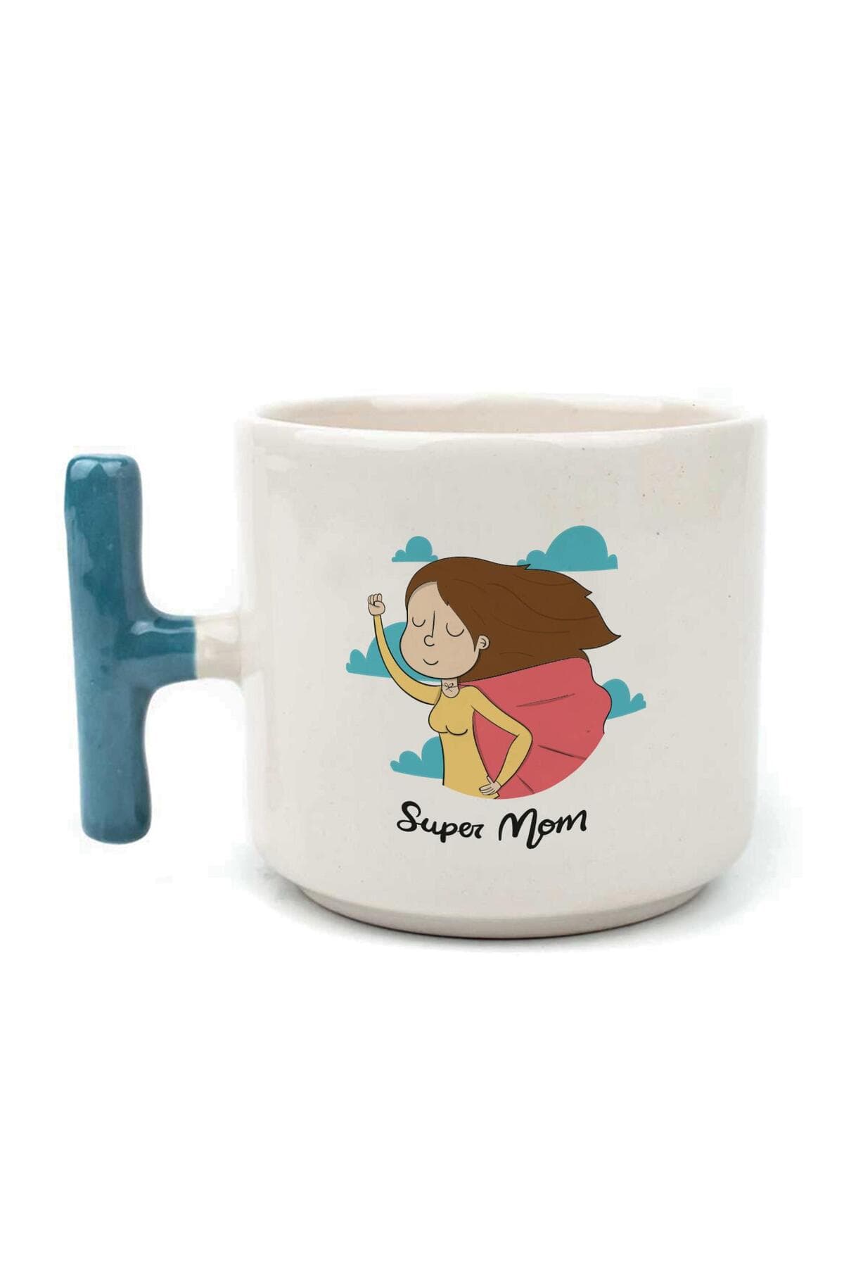 Süper Mom Pelerin Baskılı Mavi Kulplu T Kupa