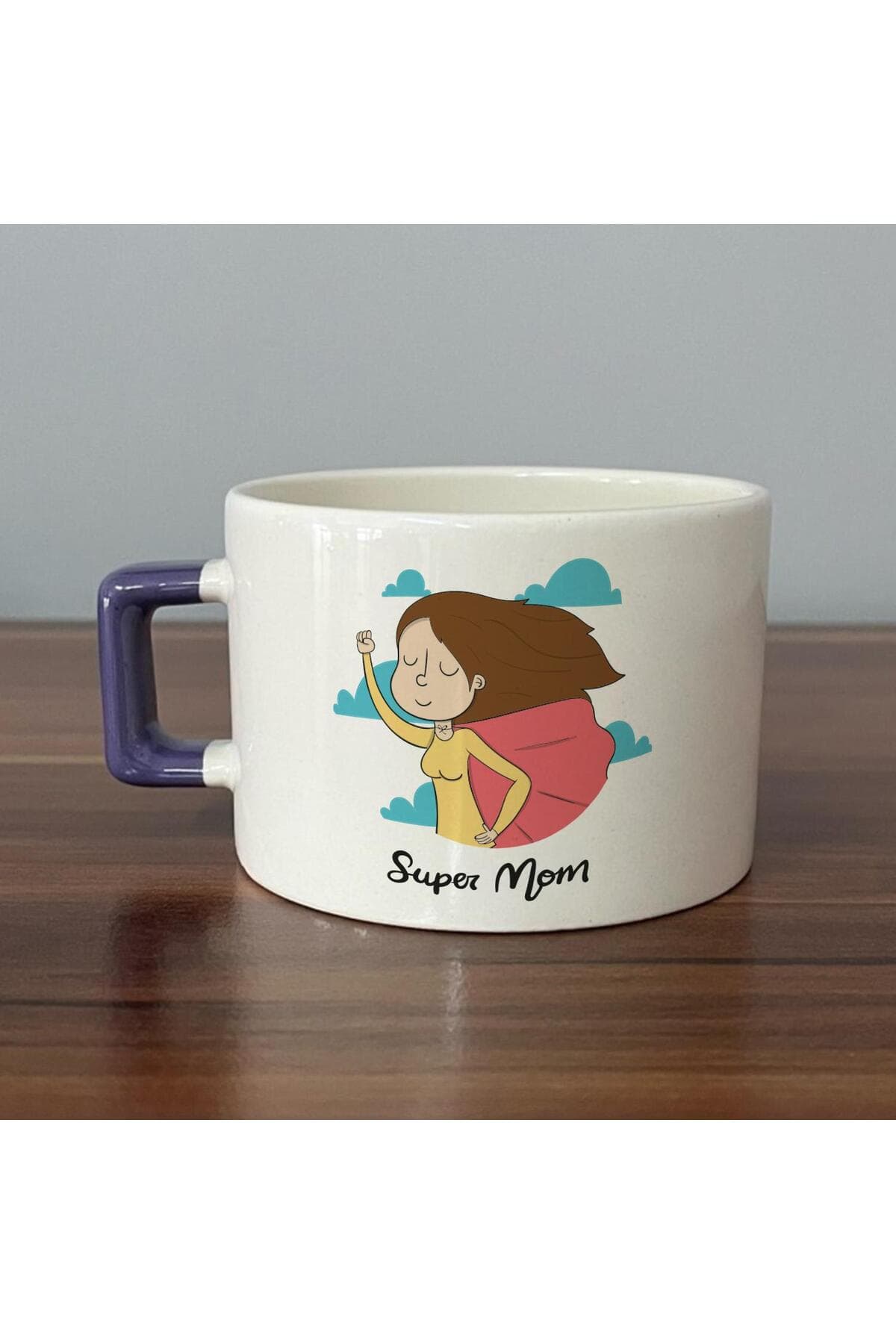 Süper Mom Pelerin Baskılı Mor Kulplu Kare Espresso Fincanı