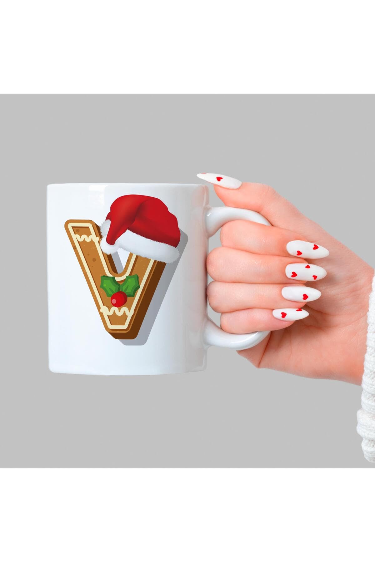 Kurabiye V Harfi Baskılı Beyaz Kupa - Yılbaşı Hediyesi Bardak Fincan Mug