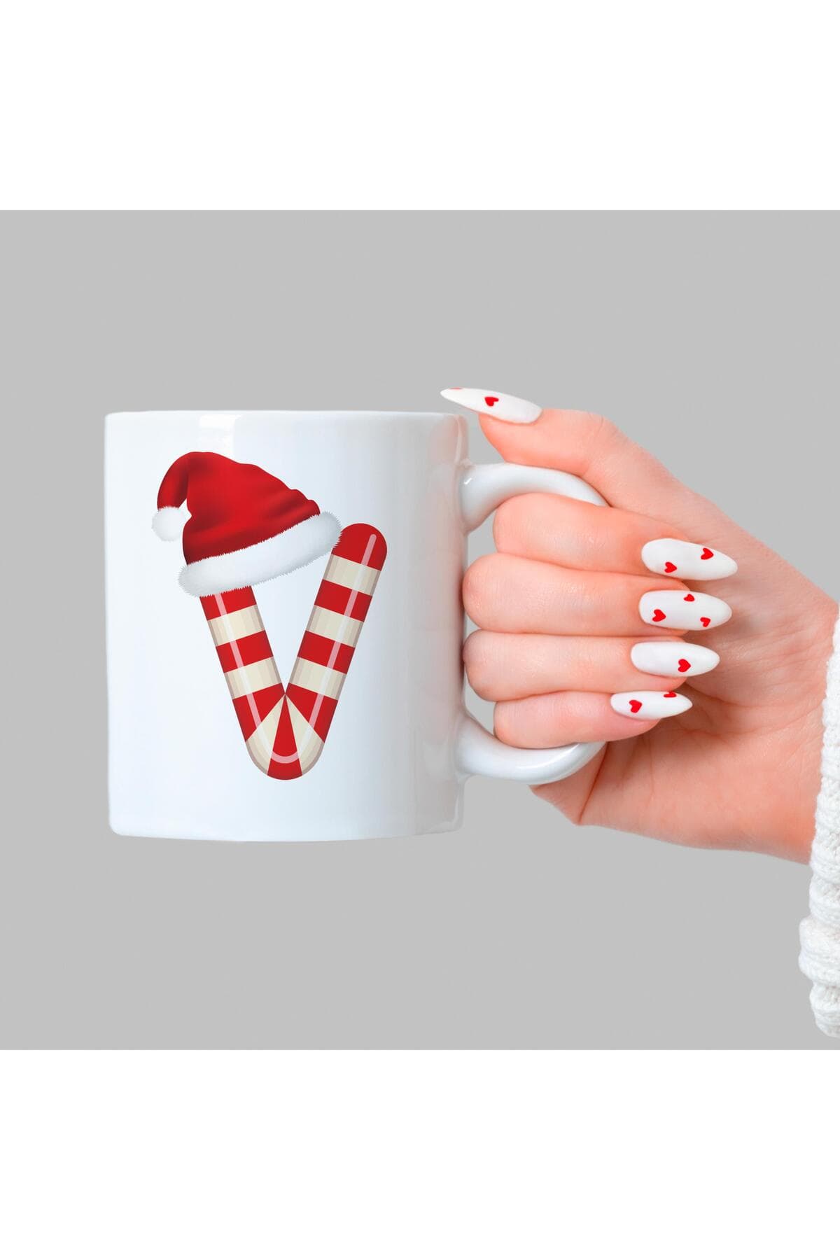 Şeker V Harfi Baskılı Beyaz Kupa - Yılbaşı Hediyesi Bardak Fincan Mug