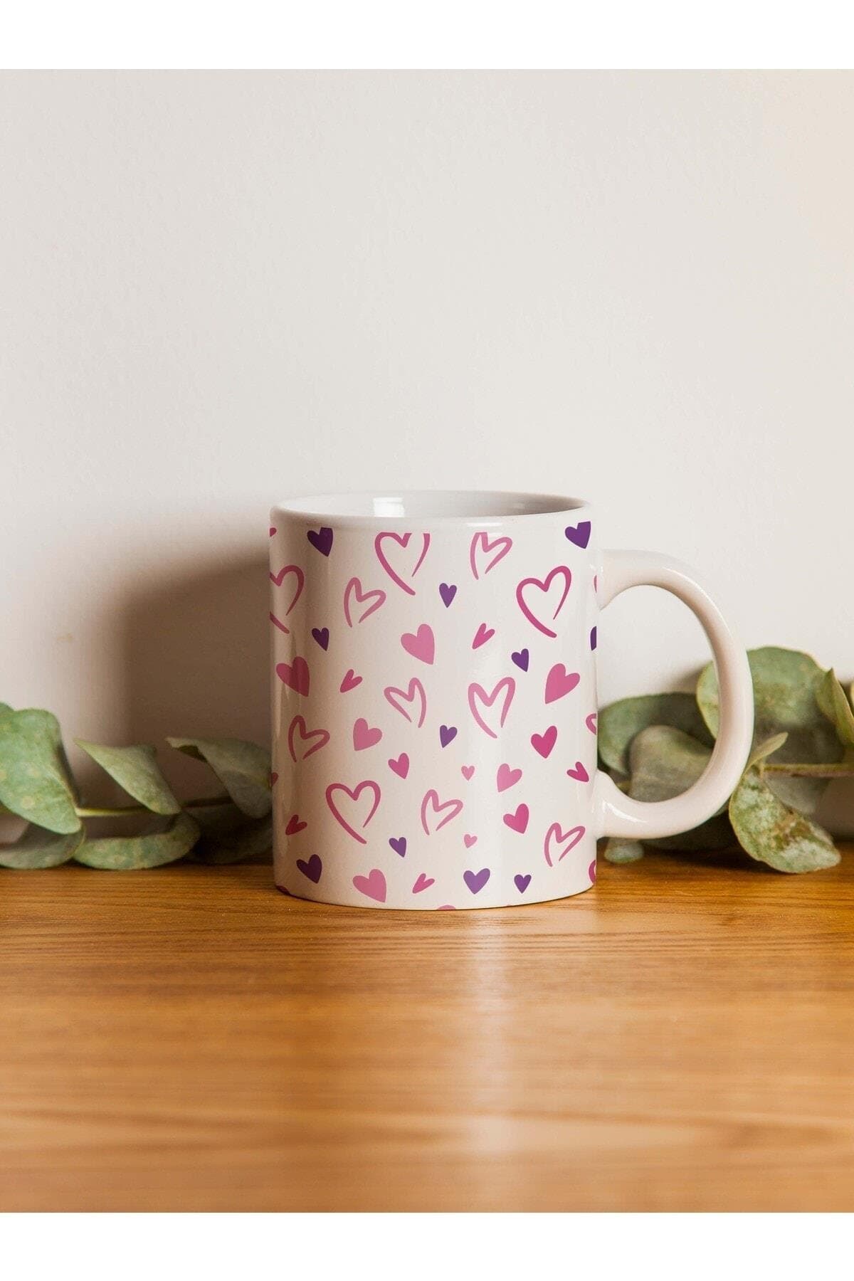 Kalp Baskılı Beyaz Kupa Bardak Fincan Mug