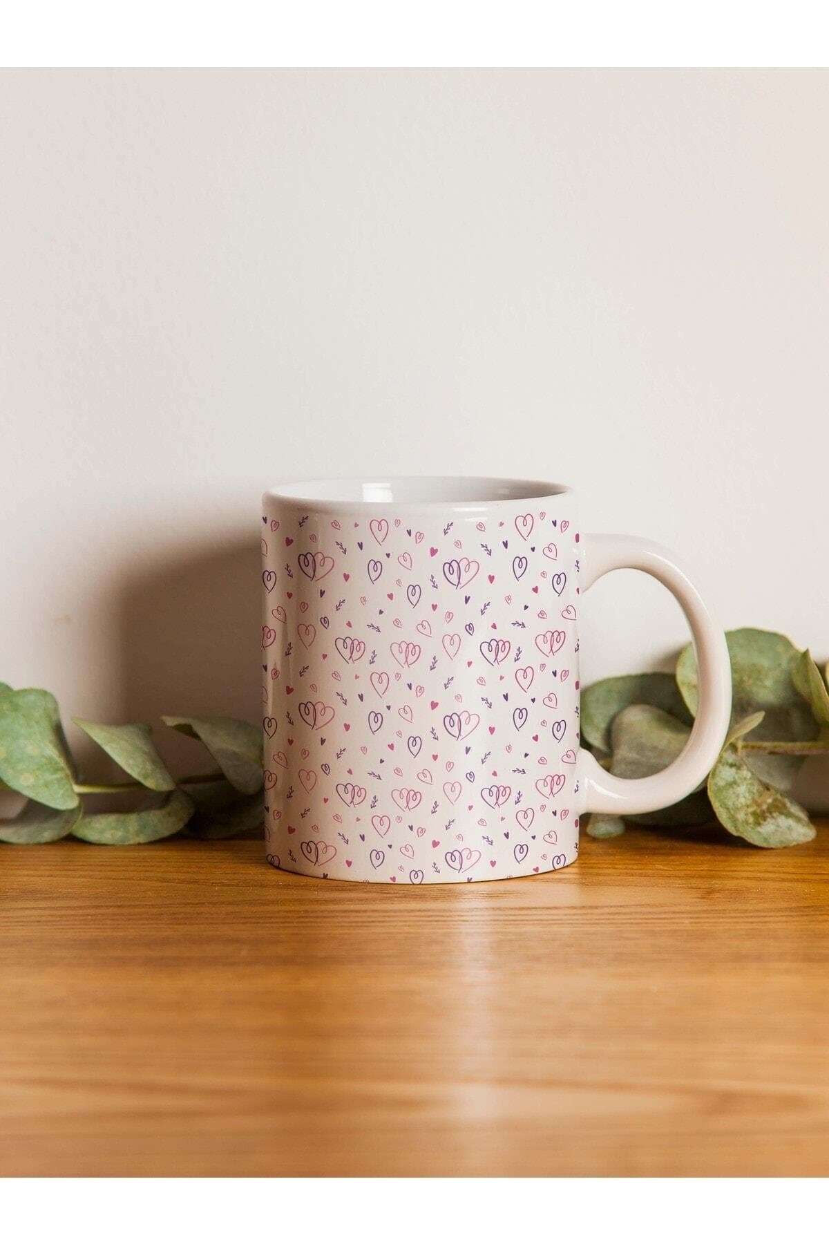 Kalp Çizim Baskılı Beyaz Kupa Bardak Fincan Mug