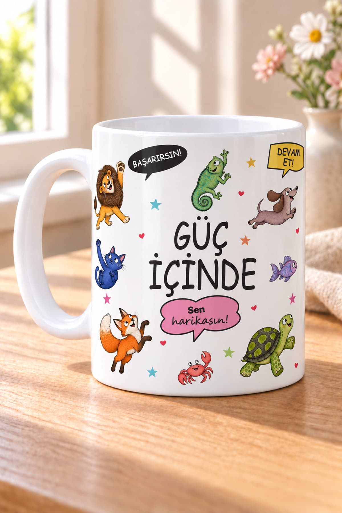 Güç İçinde Hayvanlı Motivasyon Baskılı Beyaz Kupa