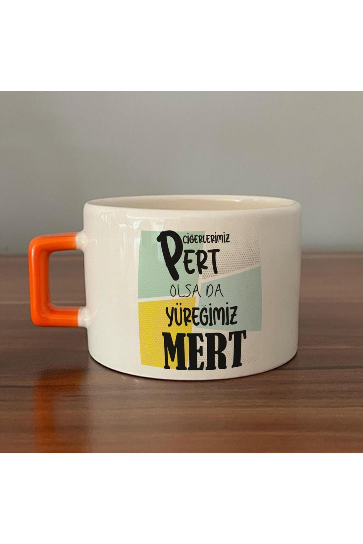 Ciğerlerimiz Pert Olsa Da Yüreğimiz Mert Baskılı Turuncu Kulplu Kare Espresso Fincanı